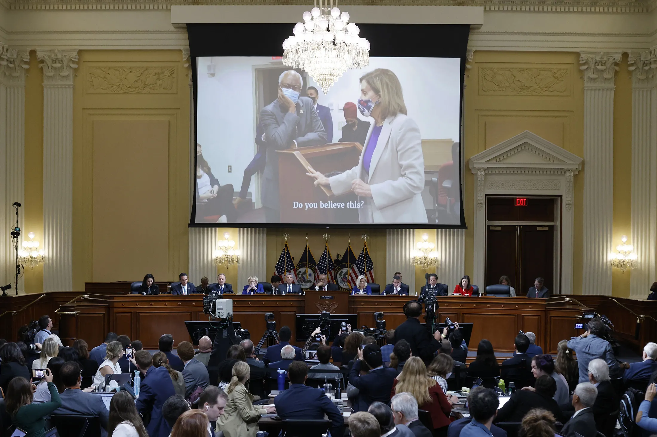 Nancy Pelosi in a video during a hearing on the January 6th investigation in the Cannon House Office Building in Washington, DC, on Oct. 13.