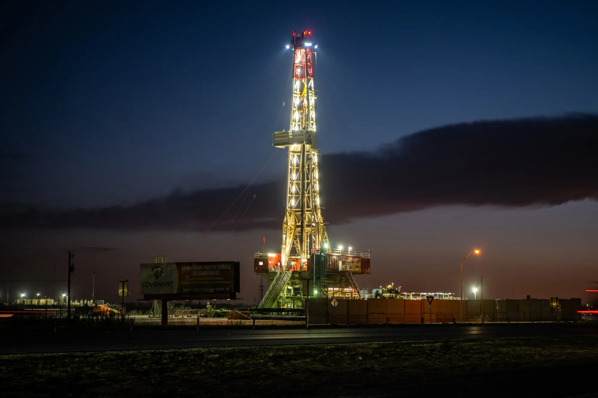 An oil drilling rig in Midland, Texas.