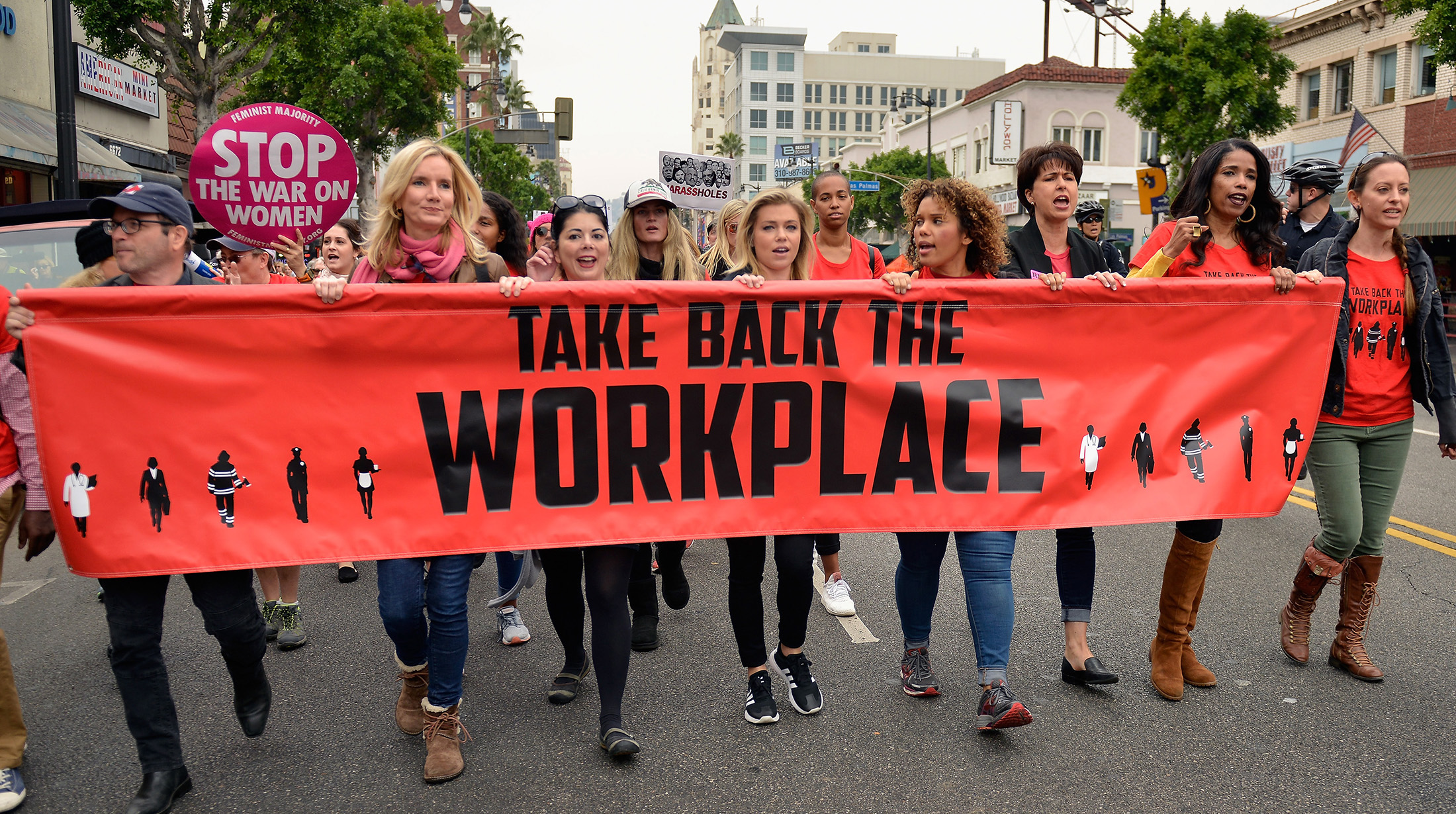 HOLLYWOOD, CA - NOVEMBER 12:  (L-R)Beth Littleford, Lauren Sivan, Tess Rafferty, Connie Leyva and Areva Martin seen at the Take Back The Workplace March on November 12, 2017 in Hollywood, California.  (Photo by Chelsea Guglielmino/FilmMagic)