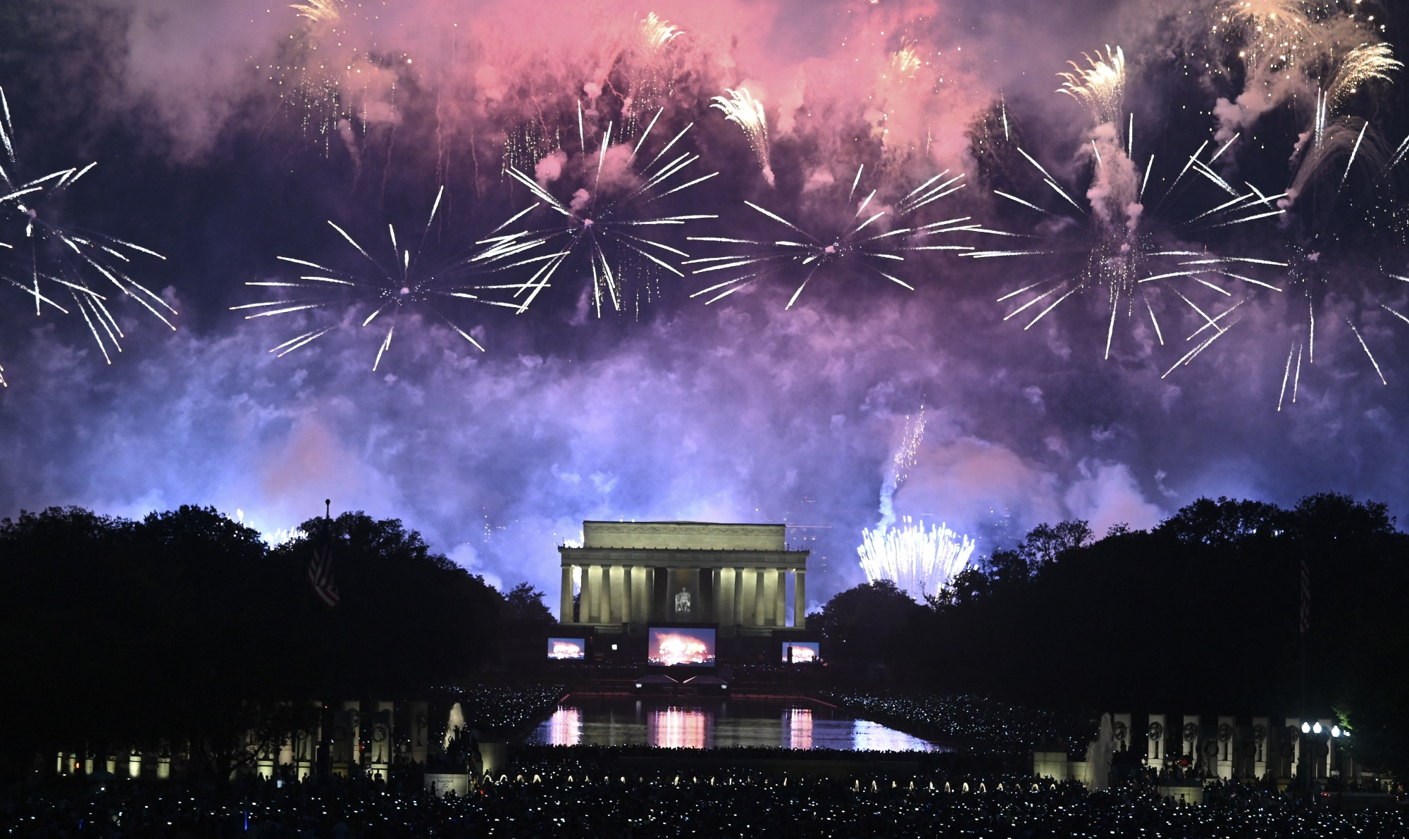 Fireworks over the Lincoln Memorial during Fourth of July celebrations in Washington
