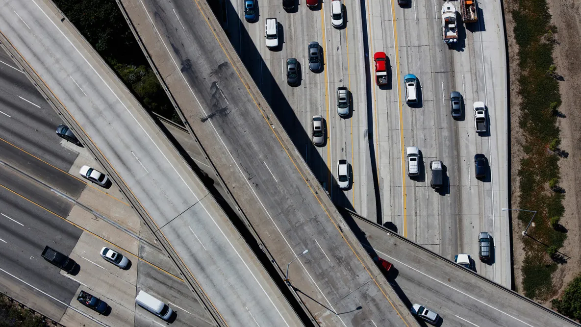 Vehicles move along the Interstate 405 freeway during rush hour in Los Angeles.
