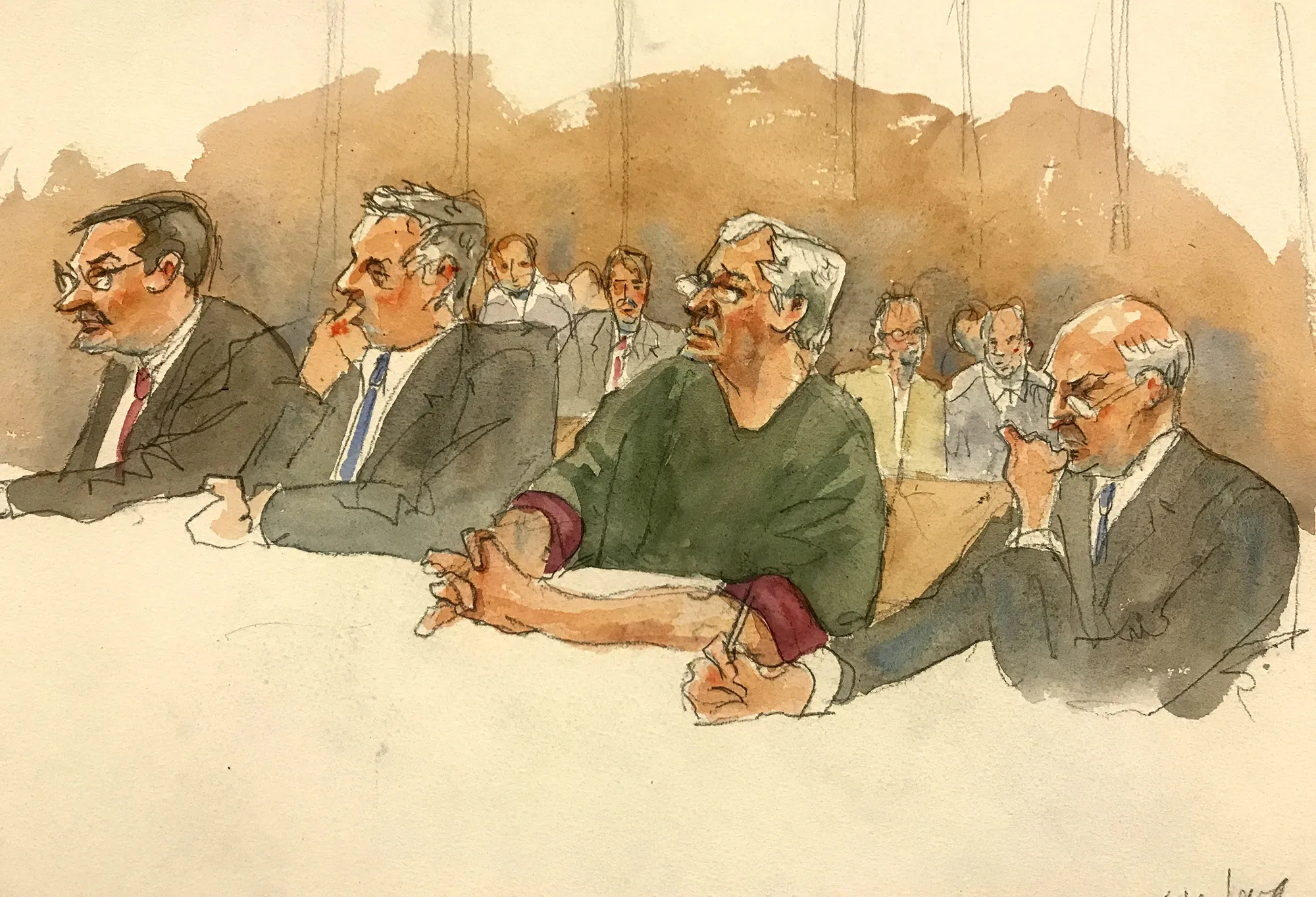 In this courtroom sketch,&nbsp;Jeffrey Epstein, second from right, listens along with defense attorneys, from left, Marc Fernich, Michael Miller, and Martin Weinberg&nbsp;during a hearing in federal court in New York on&nbsp;July 18, 2019.