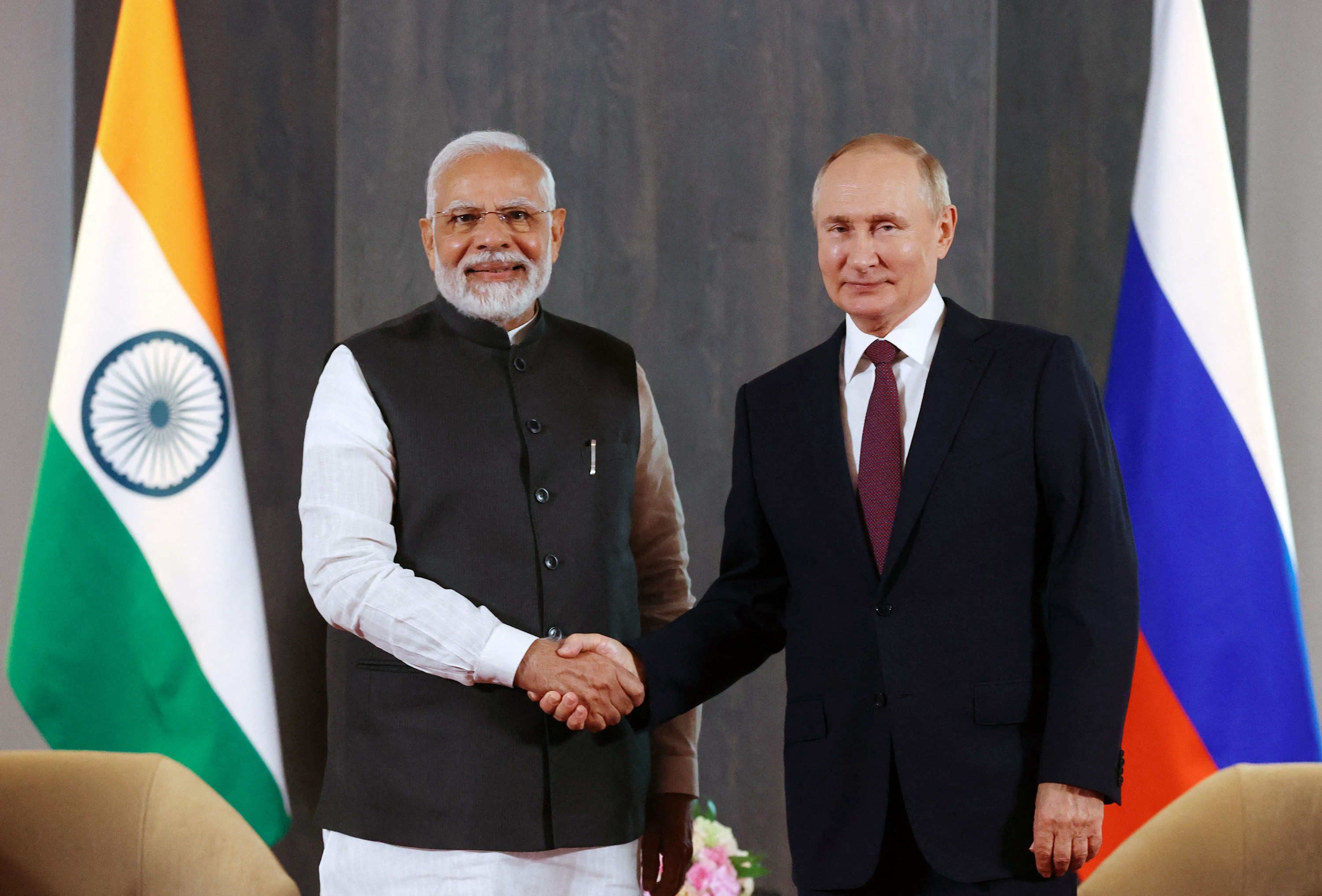 Narendra Modi and Vladimir Putin&nbsp;in Samarkand, Uzbekistan, on Sept. 16.