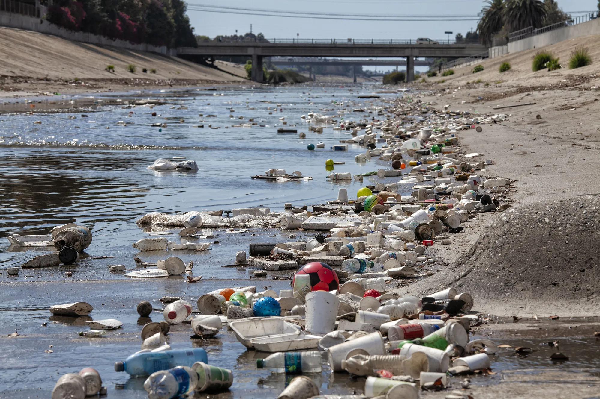 Trash and plastic refuse collect in Ballona Creek after first major rain storm, in Culver City, California.