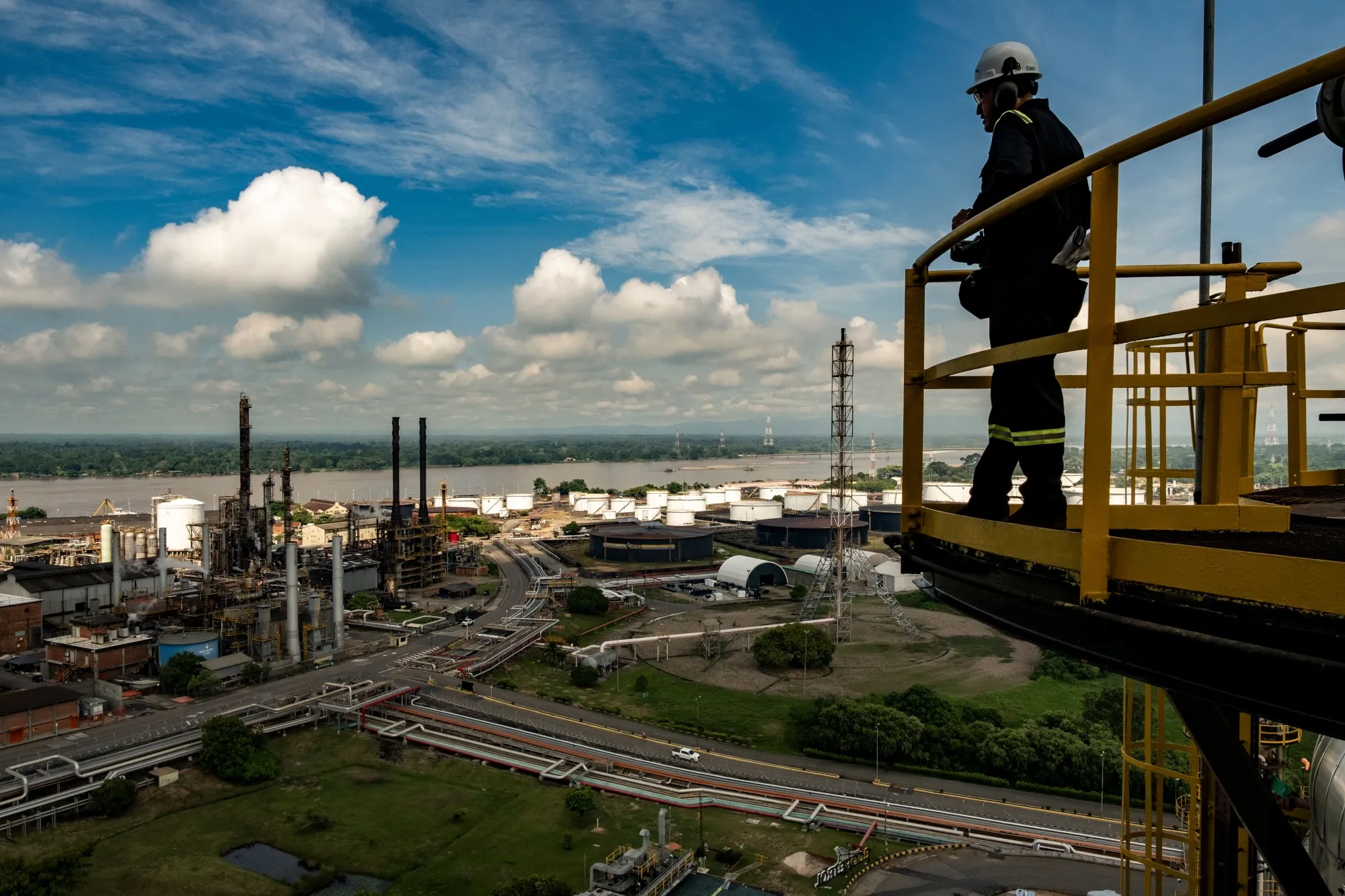 A worker inspects the fossil fuel processing plant following general maintenance at the Ecopetrol Barrancabermeja refinery in Barrancabermeja, Santander department, Colombia.