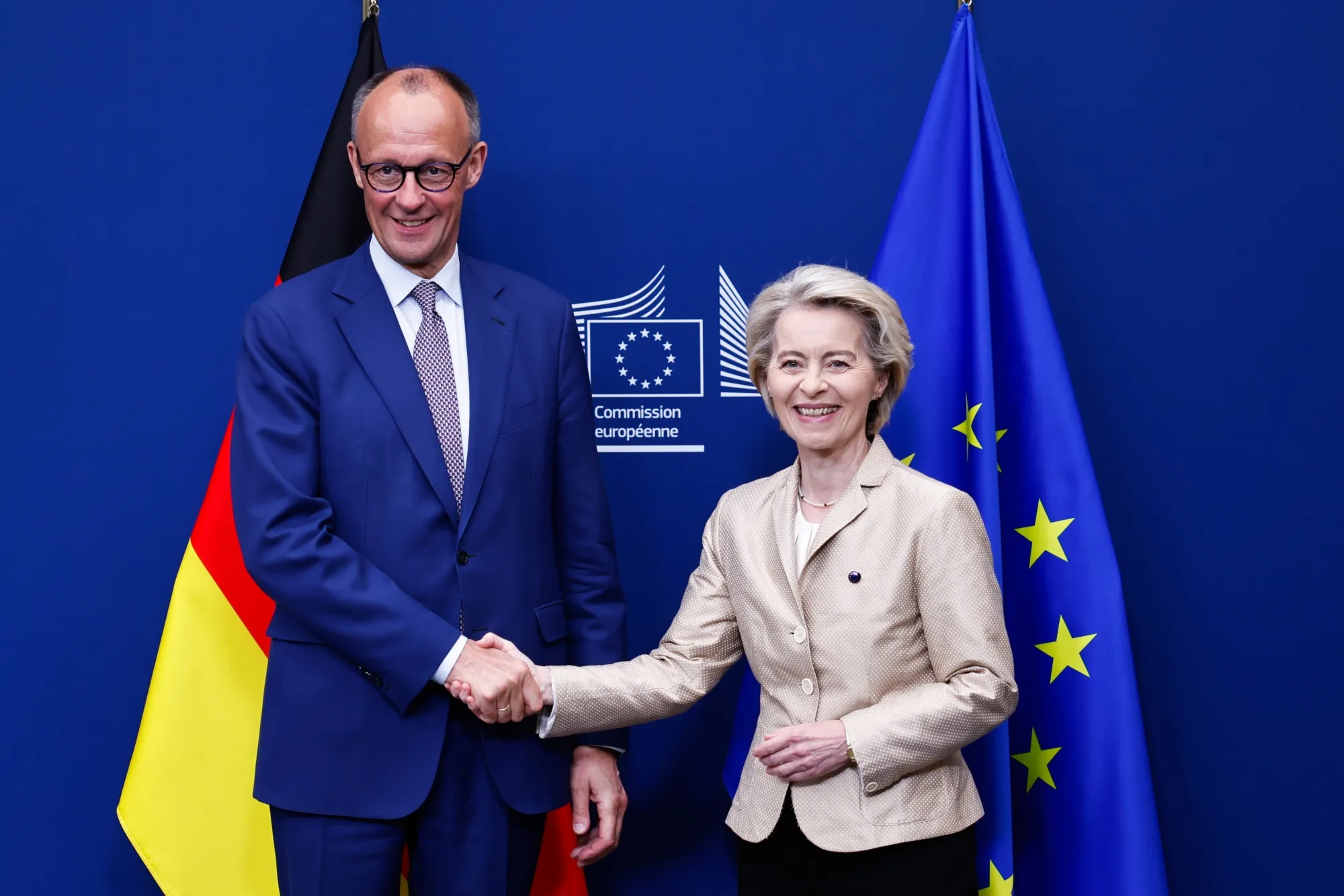Friedrich Merz, Germany's chancellor, and Ursula von der Leyen, president of the European Commission, during a meeting in Brussels.