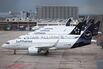 Lufthansa passenger jets at Frankfurt Airport.
