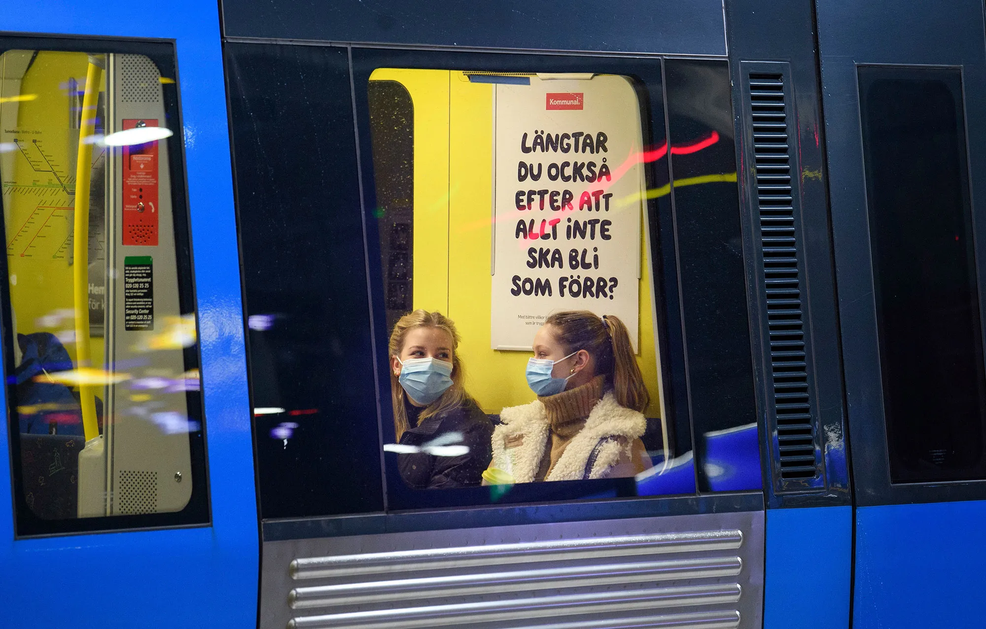 Passengers inside an underground train in Stockholm.&nbsp;