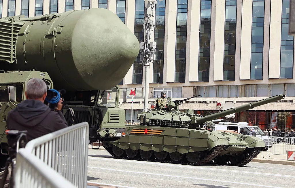 Russian military vehicles and weapons during a rehearsal for the Victory Day military parade,&nbsp;in Moscow, May 7.