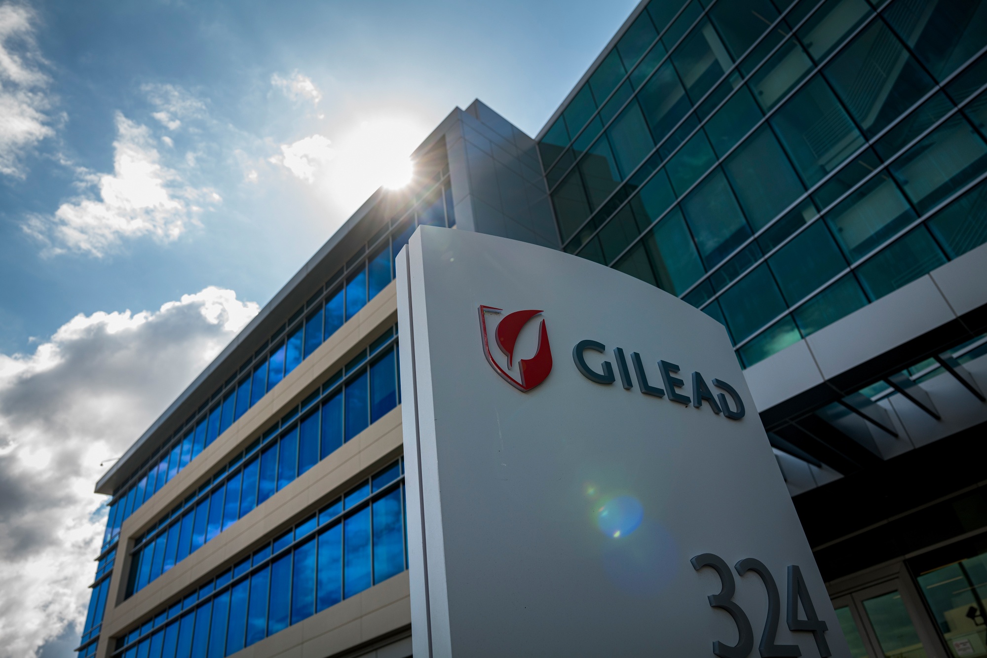 Signage is displayed outside Gilead Sciences Inc. headquarters in in Foster City, California, U.S.