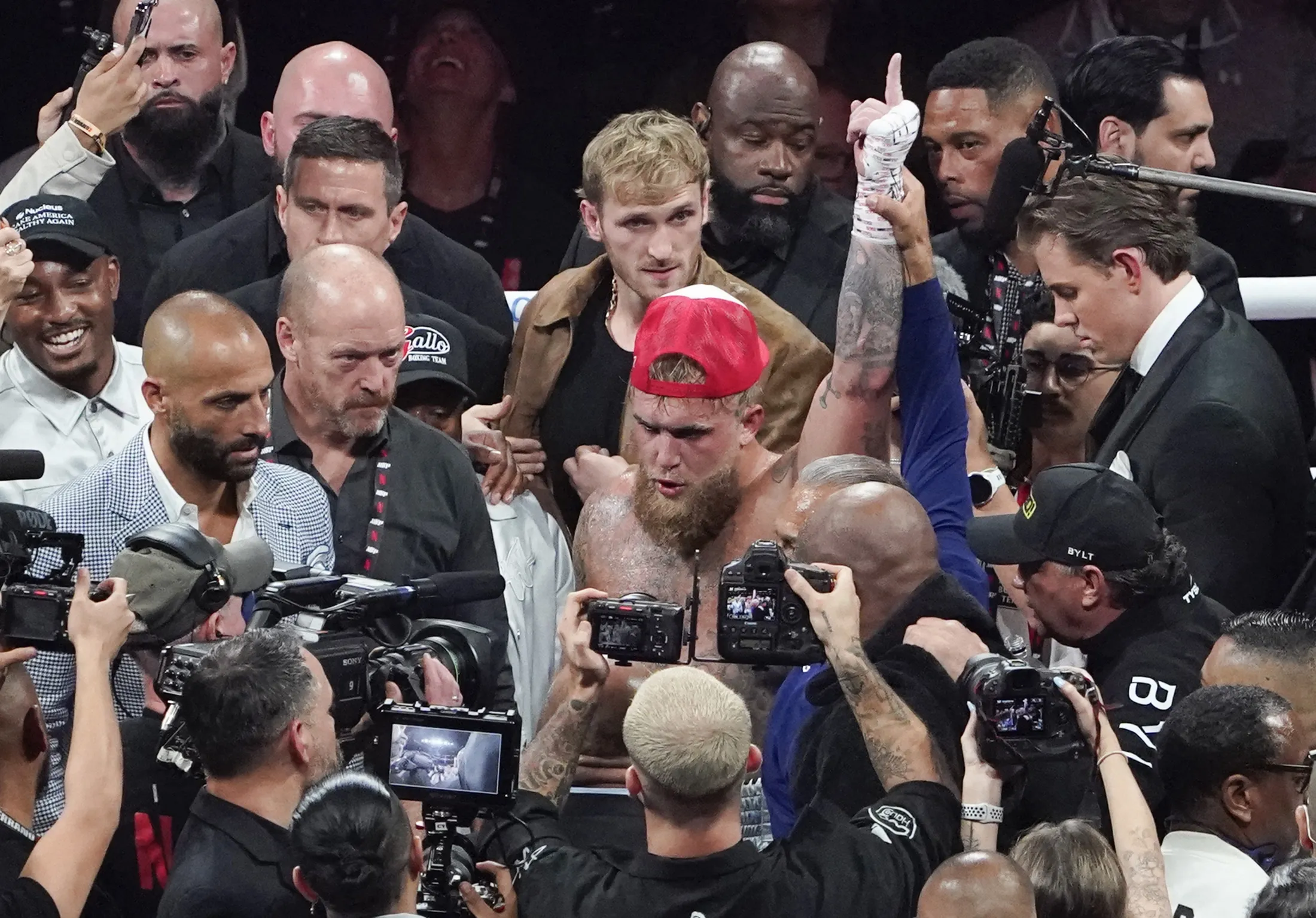 Jake Paul celebrates winning the heavyweight boxing bout against Mike Tyson at AT&T Stadium in Arlington, Texas, on Nov. 15.