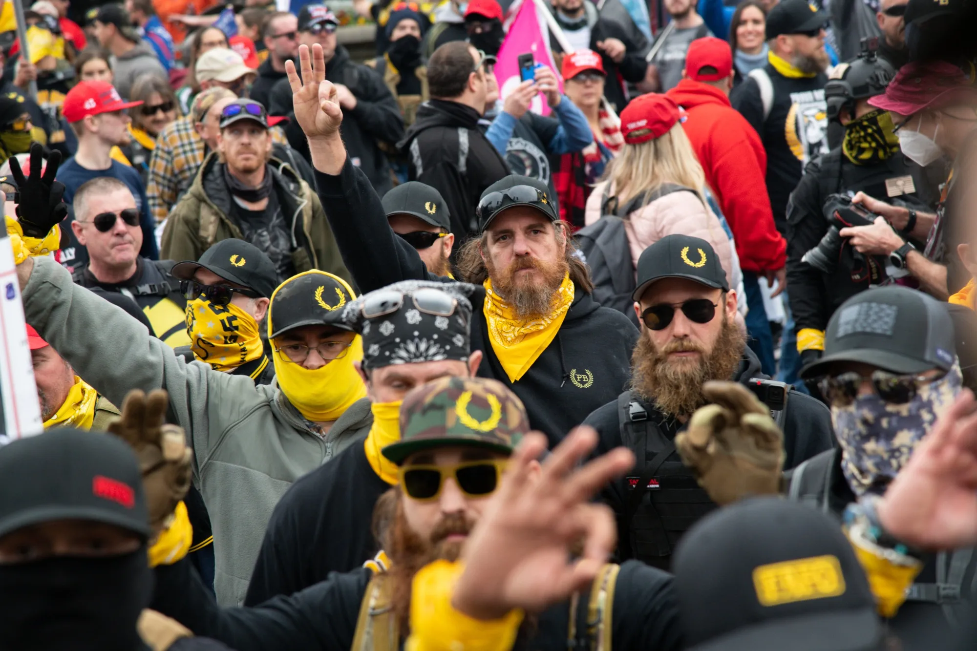 Demonstrators wearing Proud Boys attire take part in the “Million MAGA March” last November in Washington.