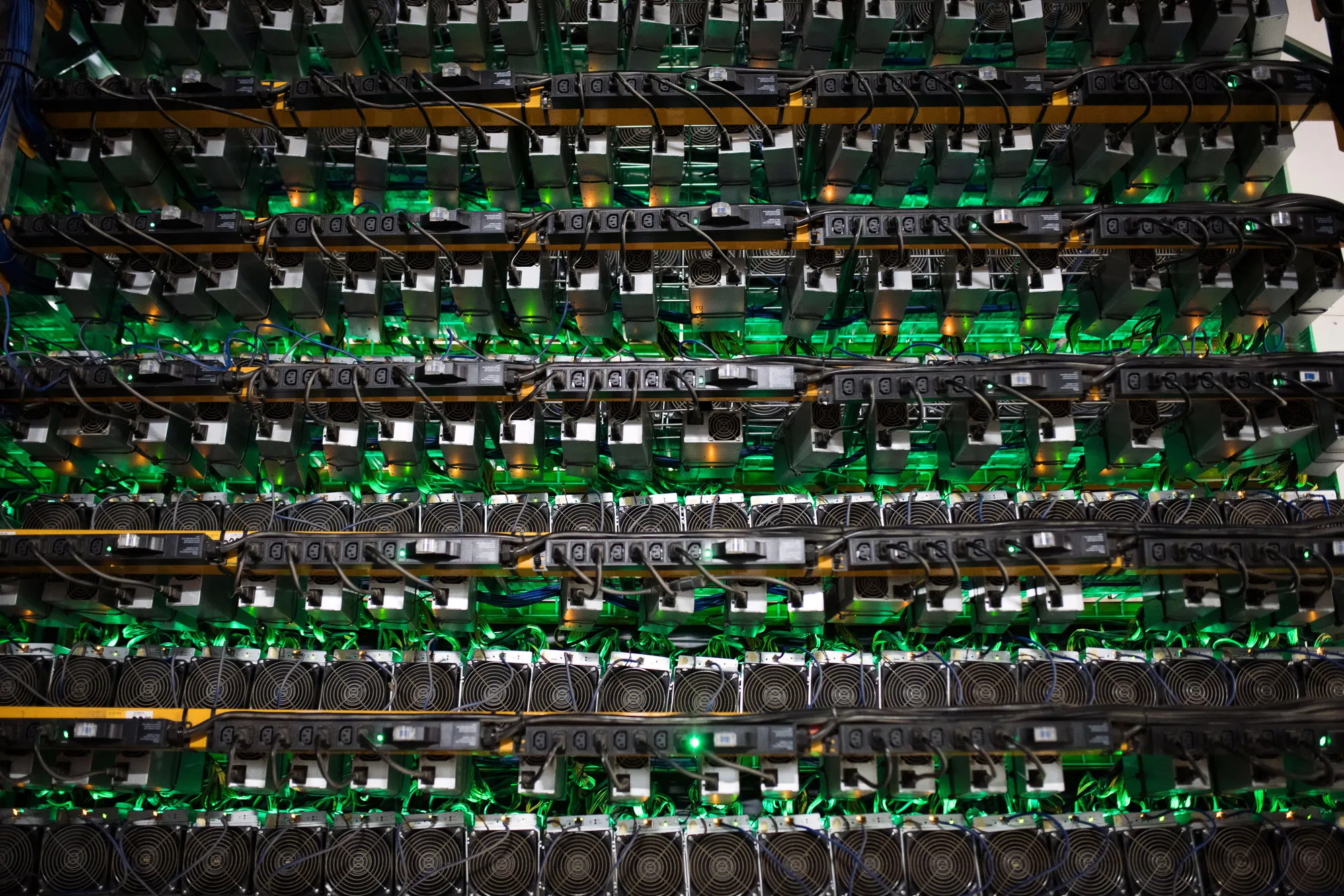 Cryptocurrency mining rigs at a Bitfarms facility.