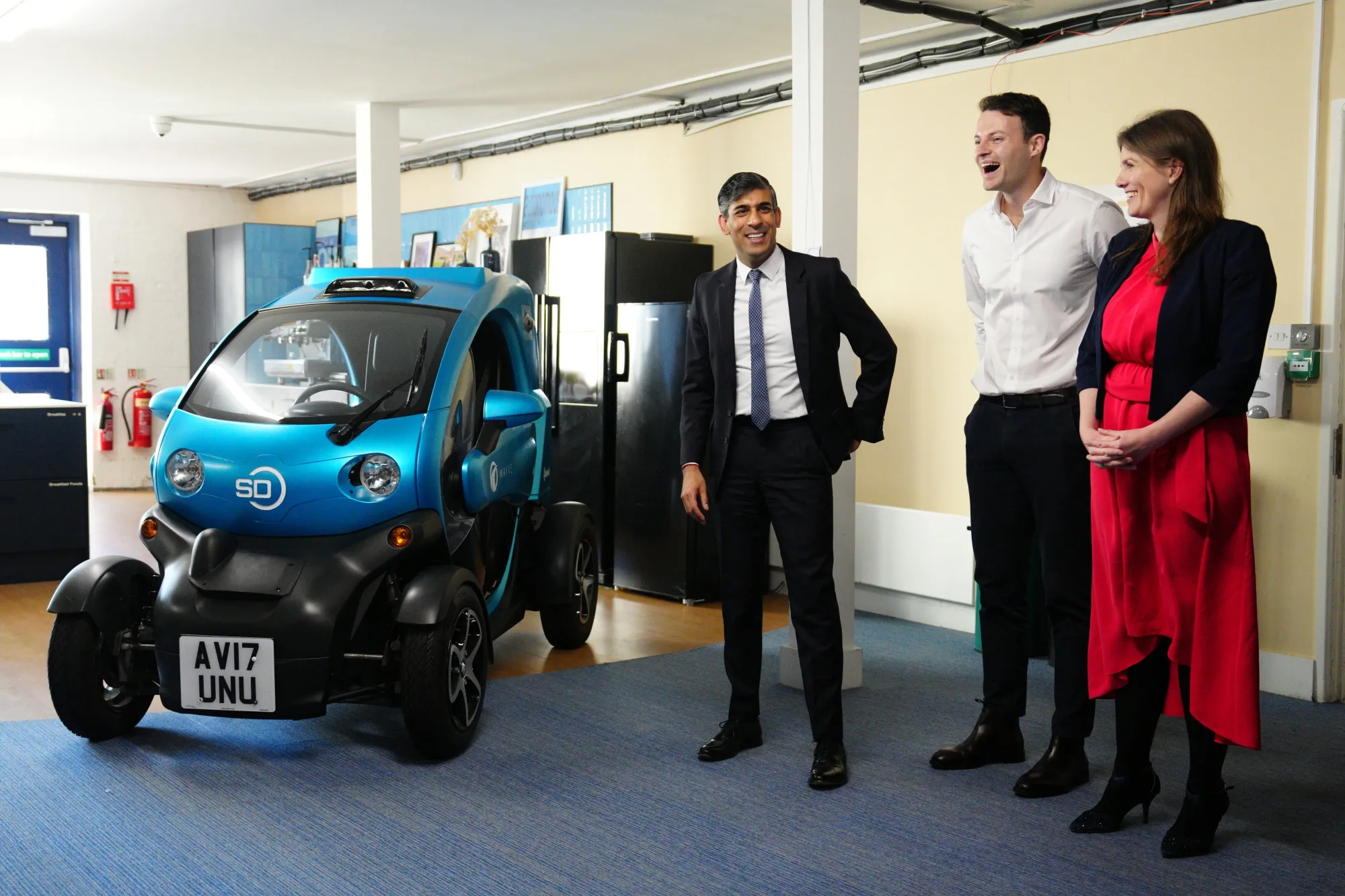 Britain's Prime Minister, Rishi Sunak; Secretary of State for Science, Innovation and Technology, Michelle Donelan, and Alex Kendall, the co-founder and CEO of Wayve.