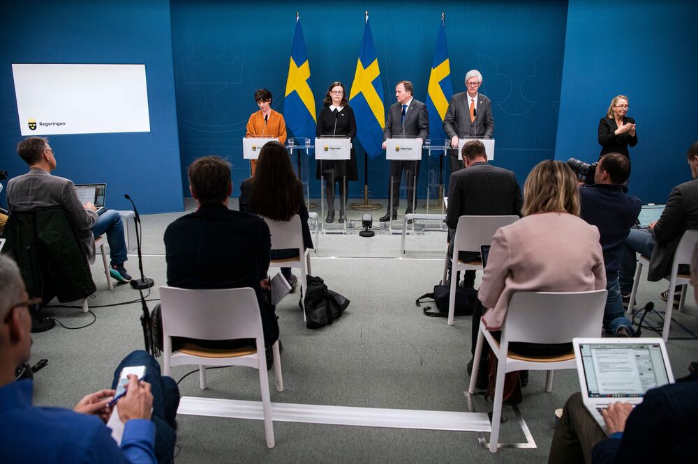 Stefan Lofven at a news conference on the coronavis' situation at the government's headquarters in Stockholm, Sweden, on March 17, 2020.