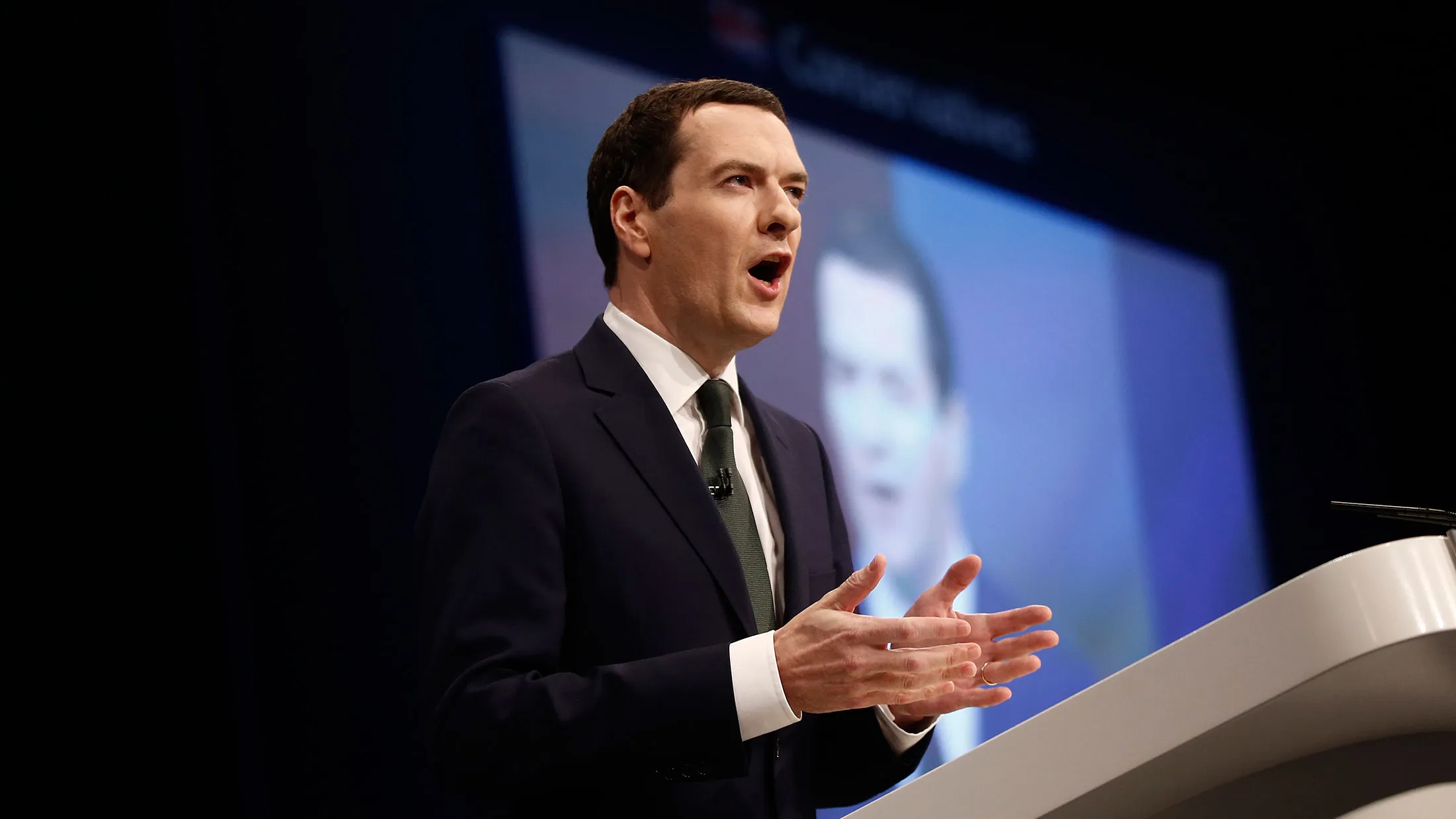 George Osborne, U.K. chancellor of the exchequer, delivers his speech at the Conservative Party's annual conference in Manchester, U.K. on Oct. 5, 2015.
