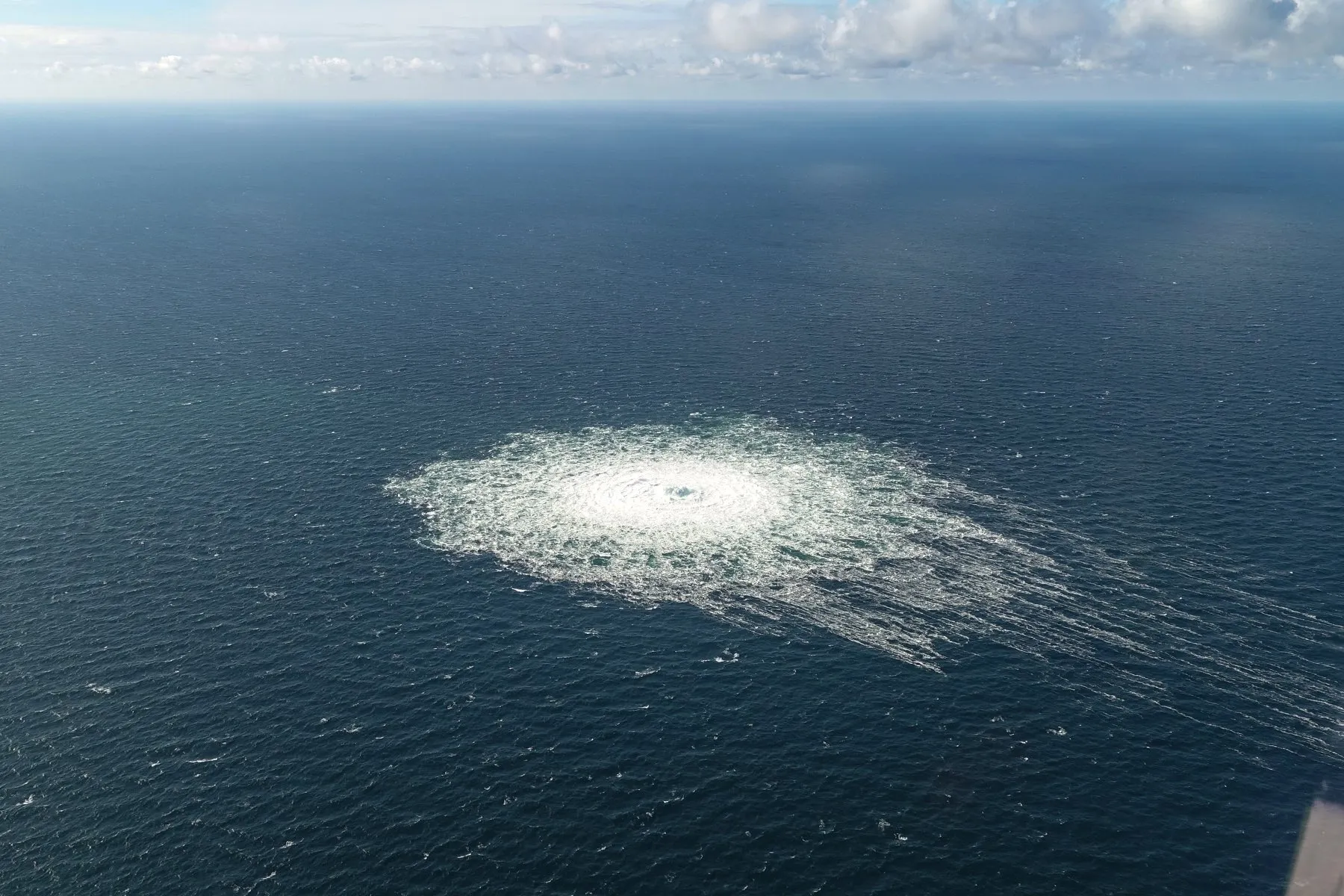 Natural gas bubbles about 1 kilometer (1,090 yards) in diameter from leaks on the Nord Stream pipelines in the Baltic Sea on Sept. 27.