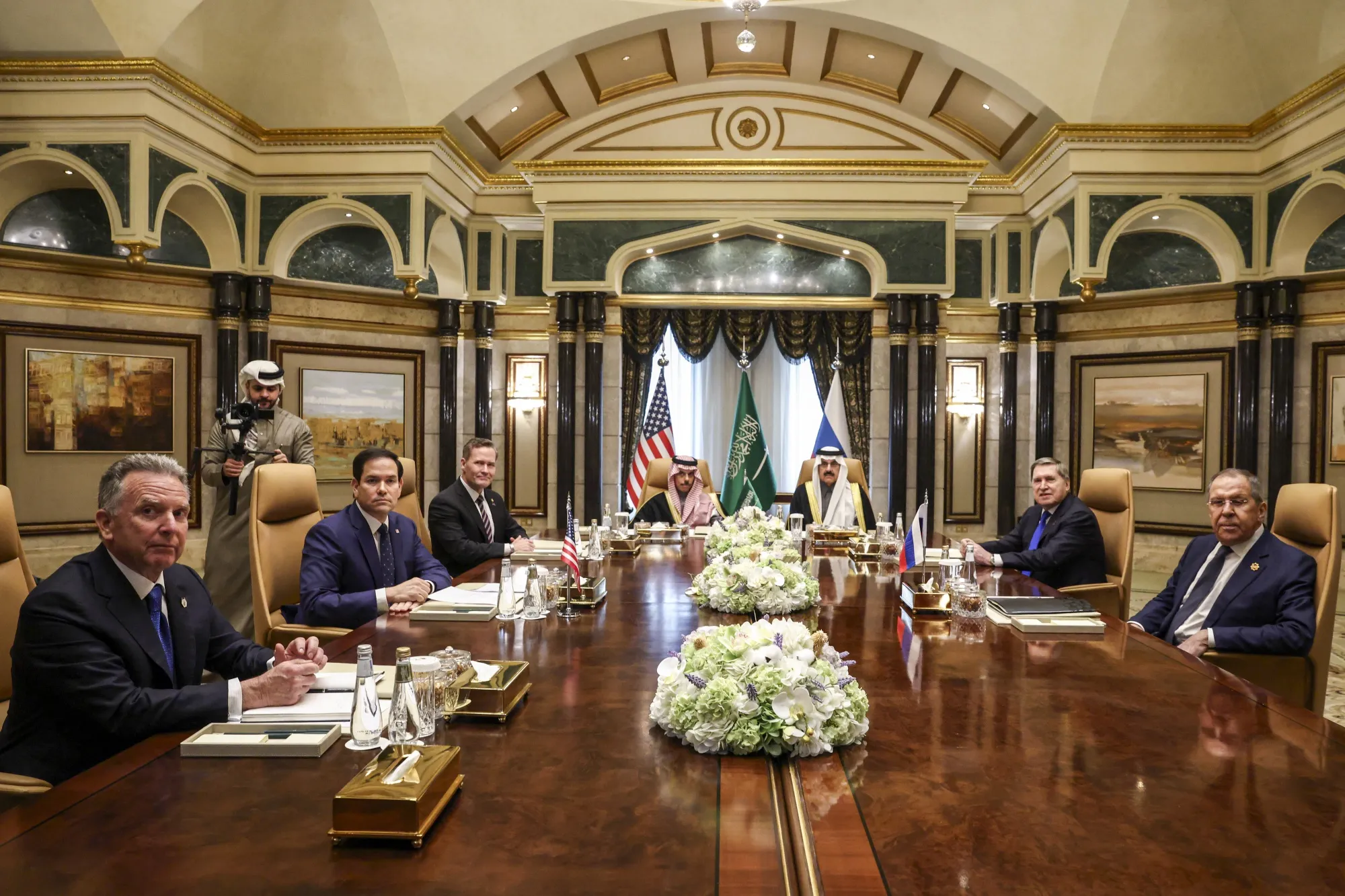 Marco Rubio, second left, Sergei Lavrov, right, and envoys in Riyadh, on Feb. 18.