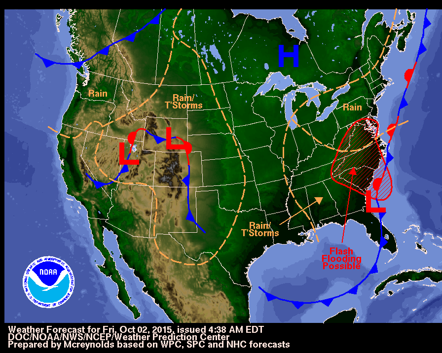 This weather map from NOAA shows the front and patterns sending soaking rain into the Southeast.