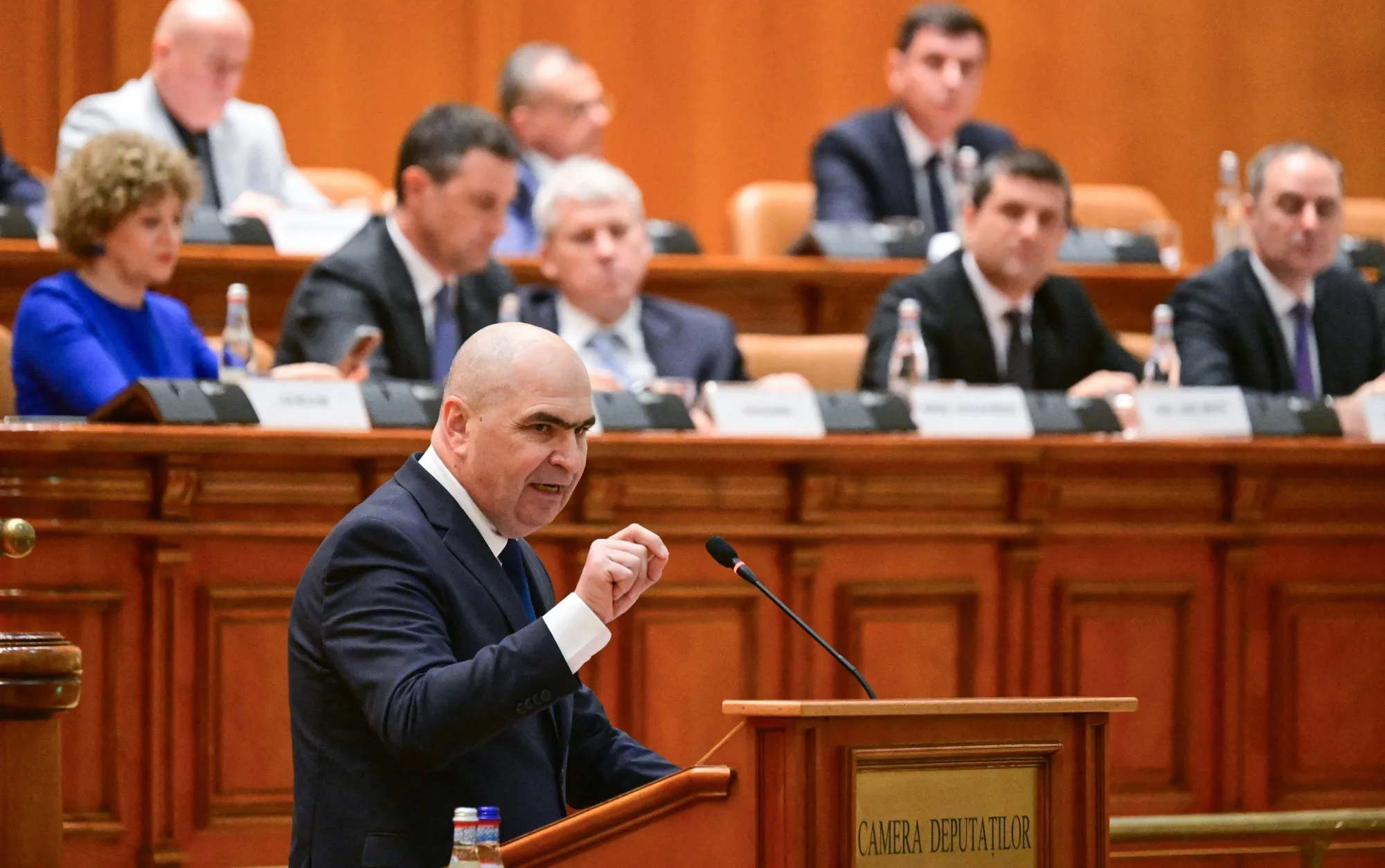 Romania’s Prime Minister Ilie Bolojan addresses the Parliament in Bucharest, on May 5.