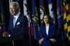 Joe Biden speaks as Kamala Harris looks on during an event at the Alexis Dupont High School in Wilmington, Delaware on Aug. 12. 