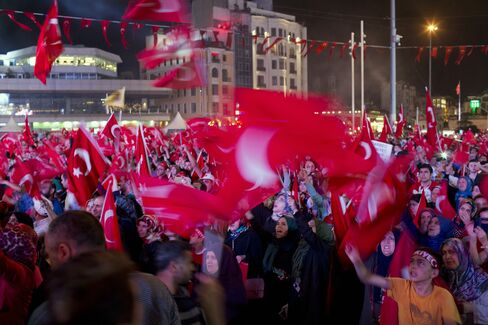 Supporters of Recep Tayyip Erdogan in Taksim Square on July 20.