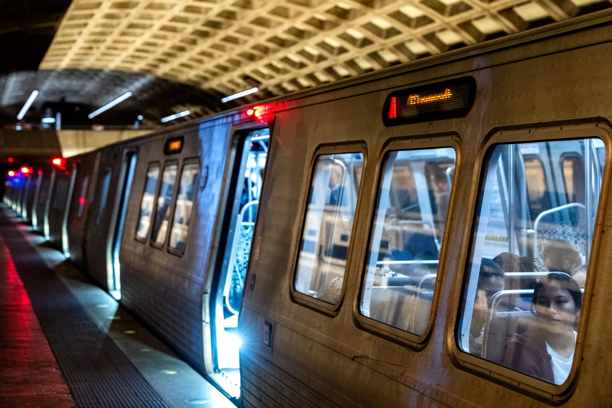 
A red line train at a Metro station in Washington, DC, on&nbsp;April 17, 2025.

