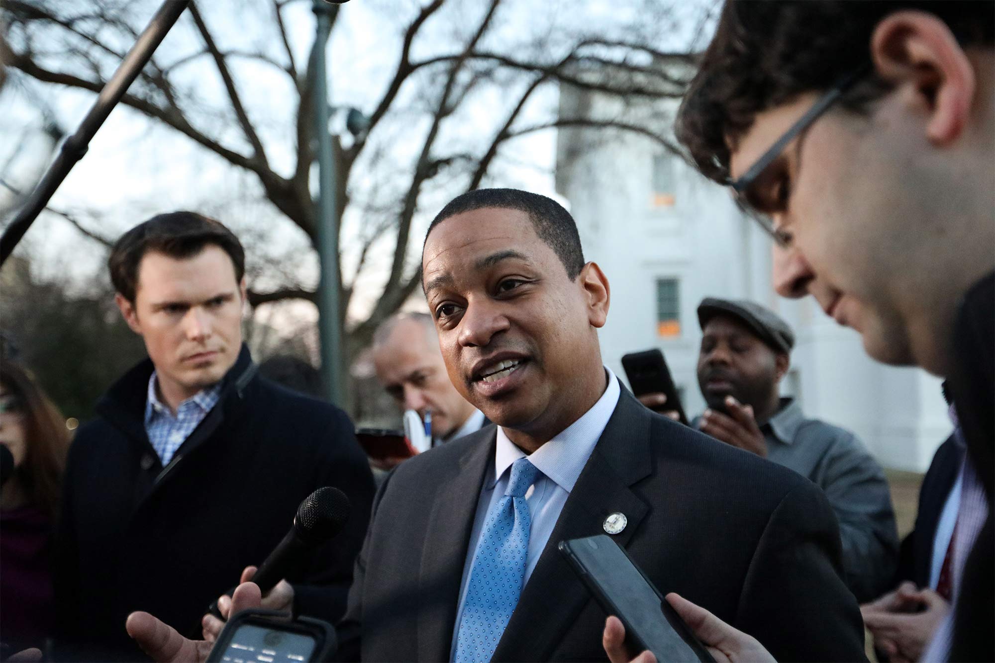 Virginia Lt. Governor Justin Fairfax addresses the media&nbsp;outside of the capital building in&nbsp;Richmond, on Feb. 4.