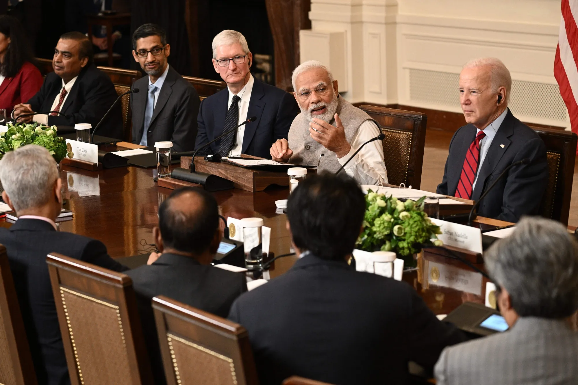 Narendra Modi speaks during a meeting with senior officials and CEOs of American and Indian companies in Washington, DC, on June 23.
