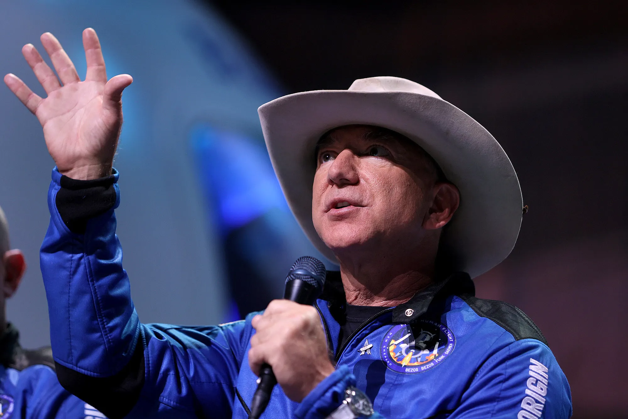 Jeff Bezos speaks about his flight on Blue Origin’s New Shepard during a press conference in Van Horn, Texas on July 20.&nbsp;