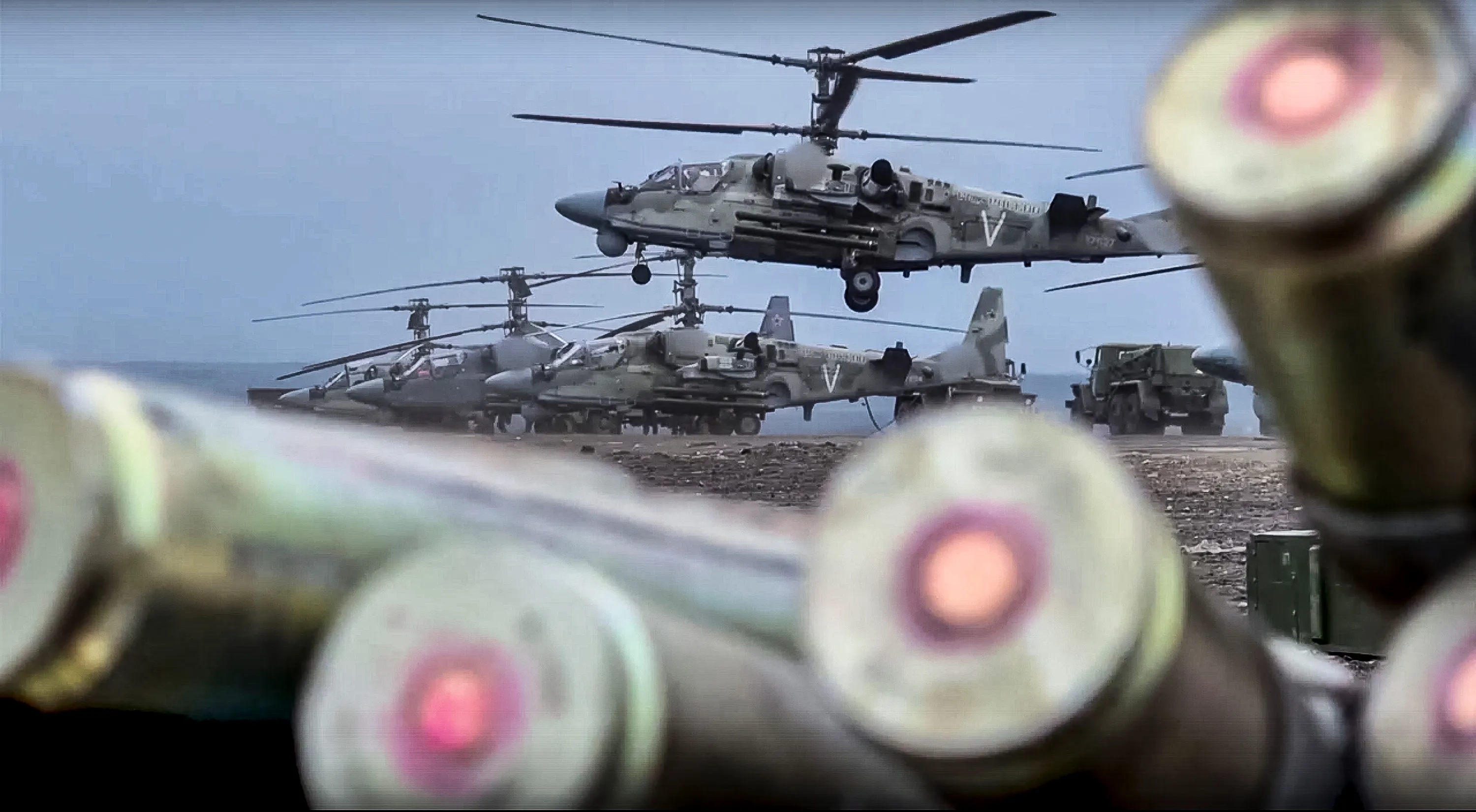 A Ka-52 helicopter takes off for a mission at an undisclosed location in Ukraine.