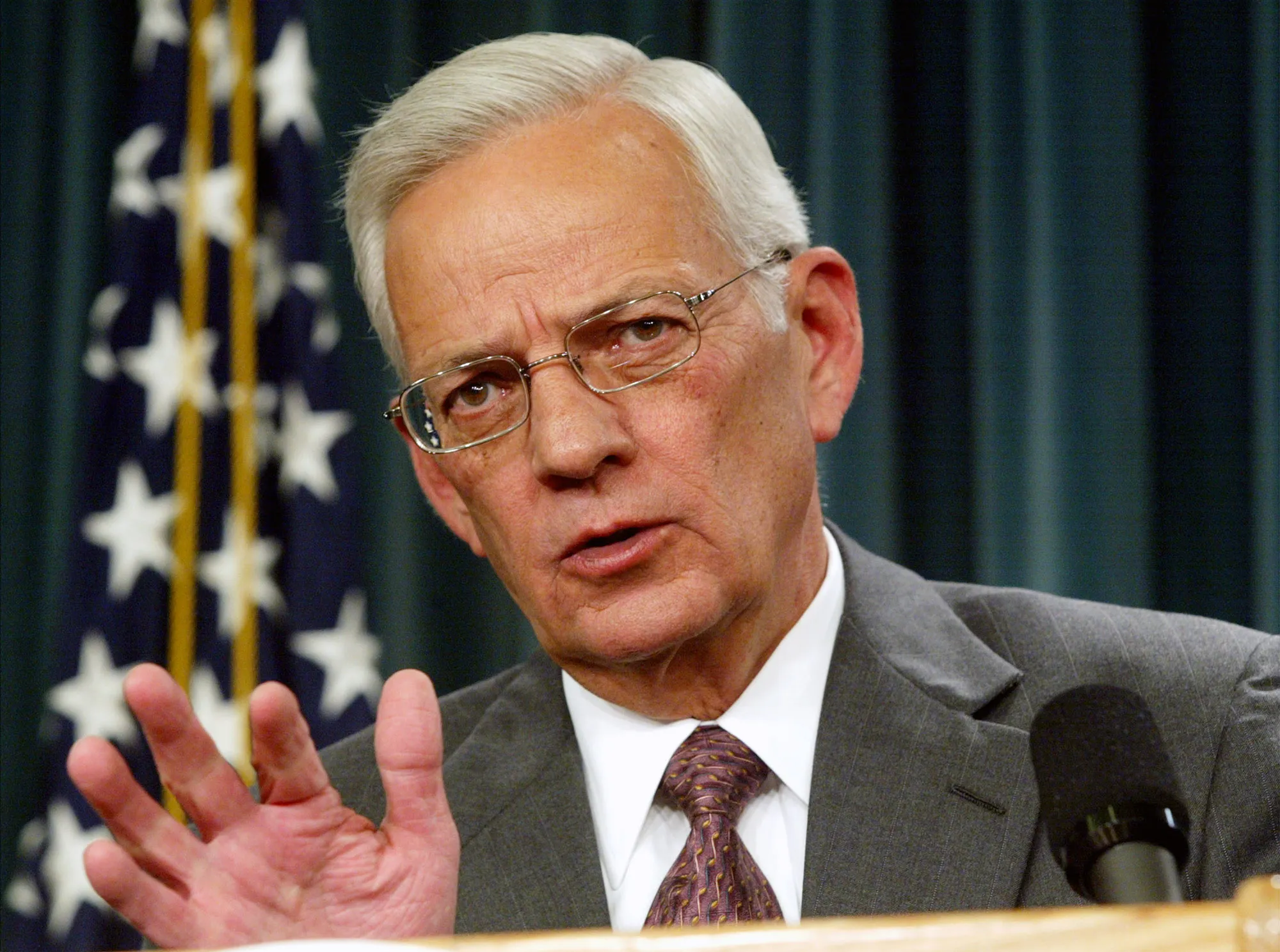 Paul O’Neill speaks during a Pre-G7 Ministerial Meeting in 2002.