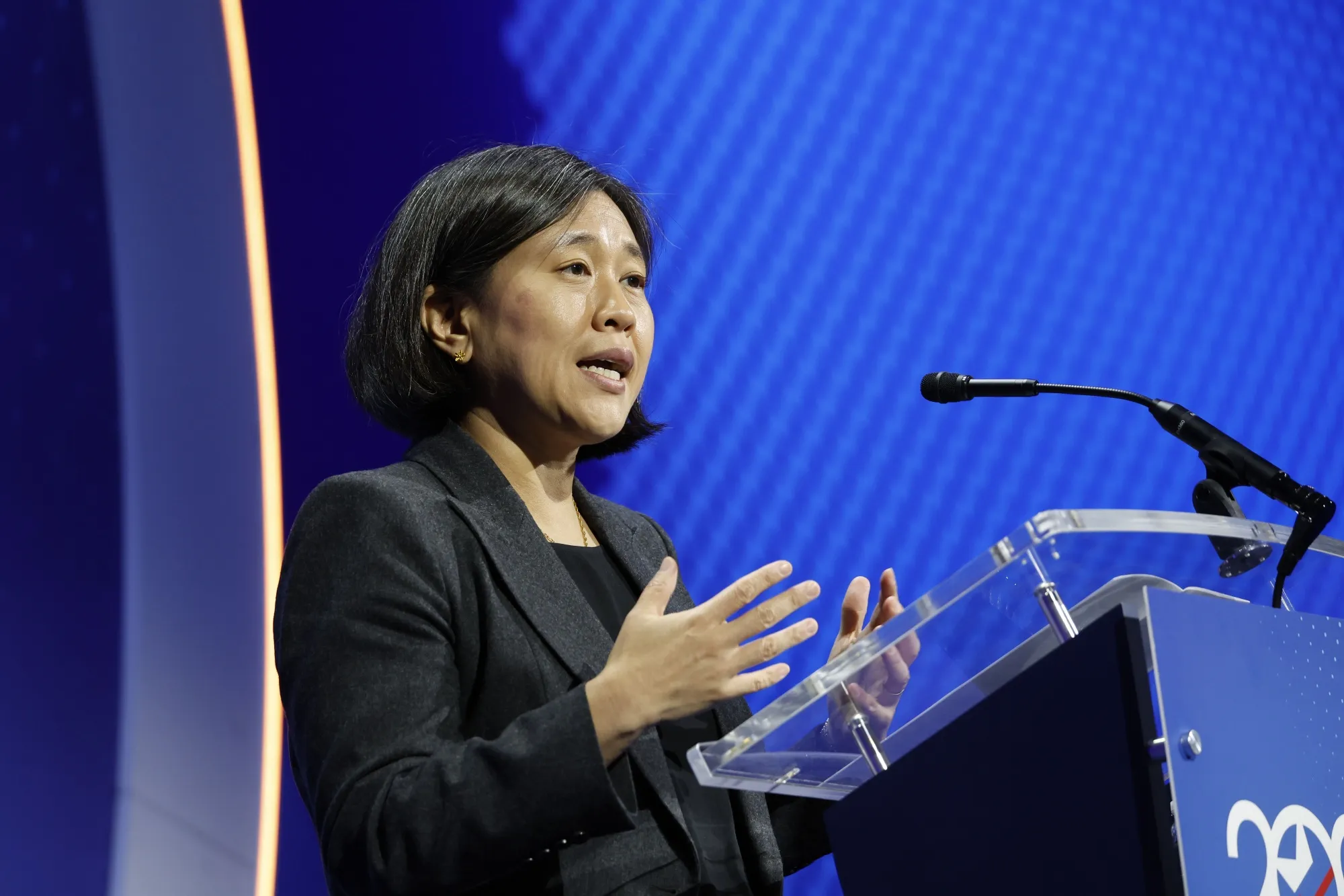 Katherine Tai, US trade representative, speaks during the SelectUSA Investment Summit in National Harbor, Maryland, US, on Wednesday, May 3, 2023. The summit is to establish new connections and opportunities to grow through investing in the US, according to the organizers.