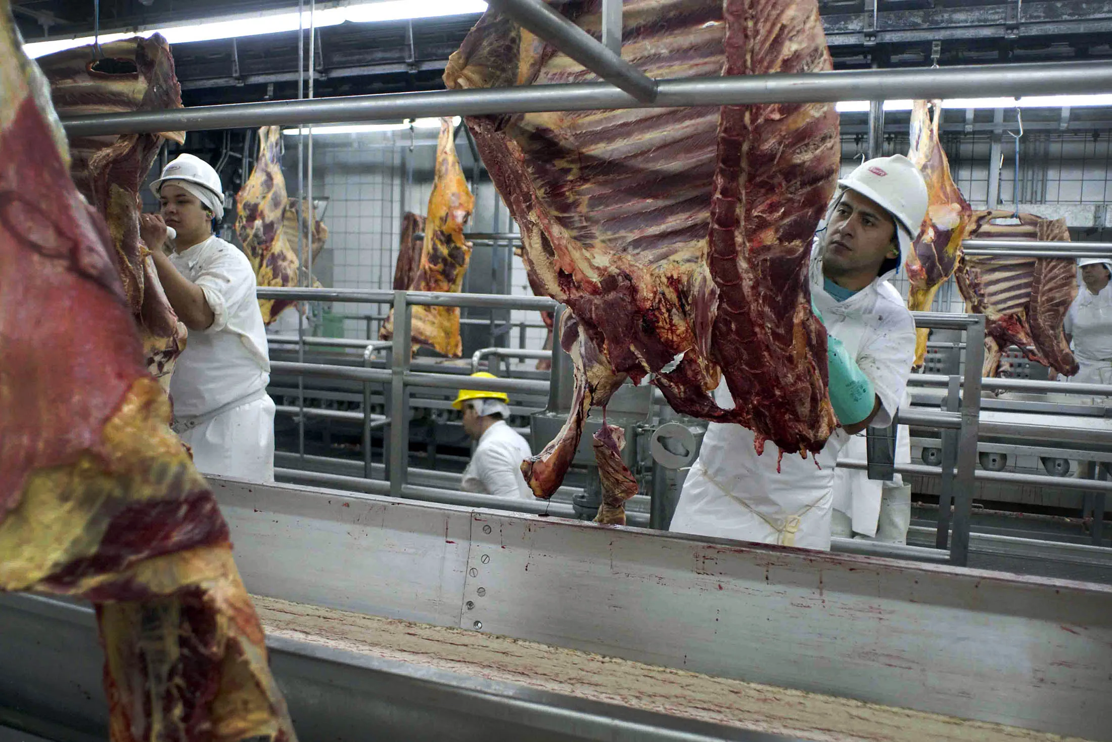 Employees work at a JBS SA meat processing plant.

