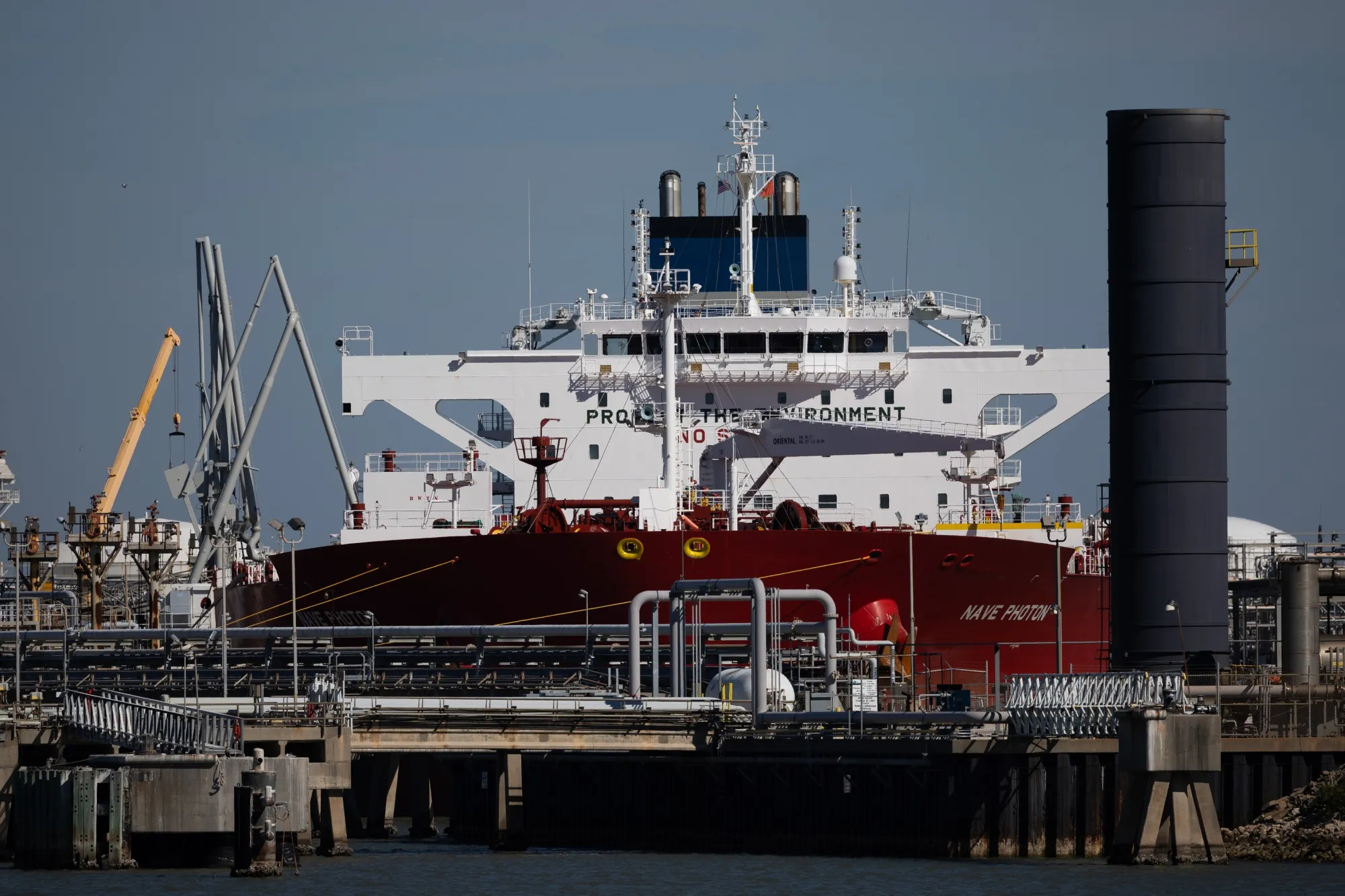 An oil tanker, carrying a shipment of Venezuelan oil, docked at the Enterprise Marine Terminal in Freeport, Texas.