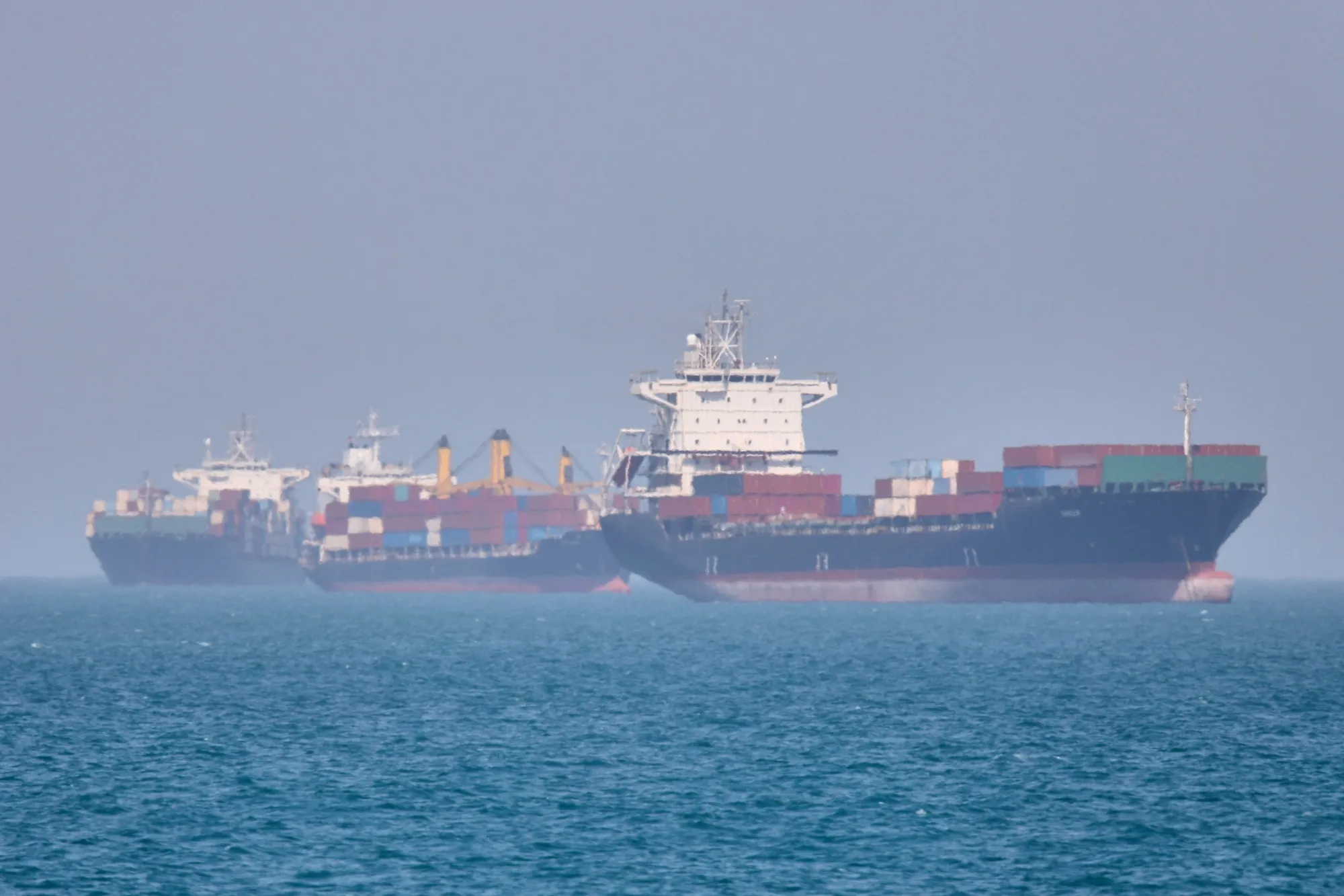 Container ships anchored in the Strait of Hormuz on May 2, in a photo supplied by Iran’s ISNA news agency.