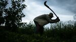 A former slave demonstrates how he clears brush with his sickle on the piece of land which he lives and farms in Monsenhor Gil, Brazil.
