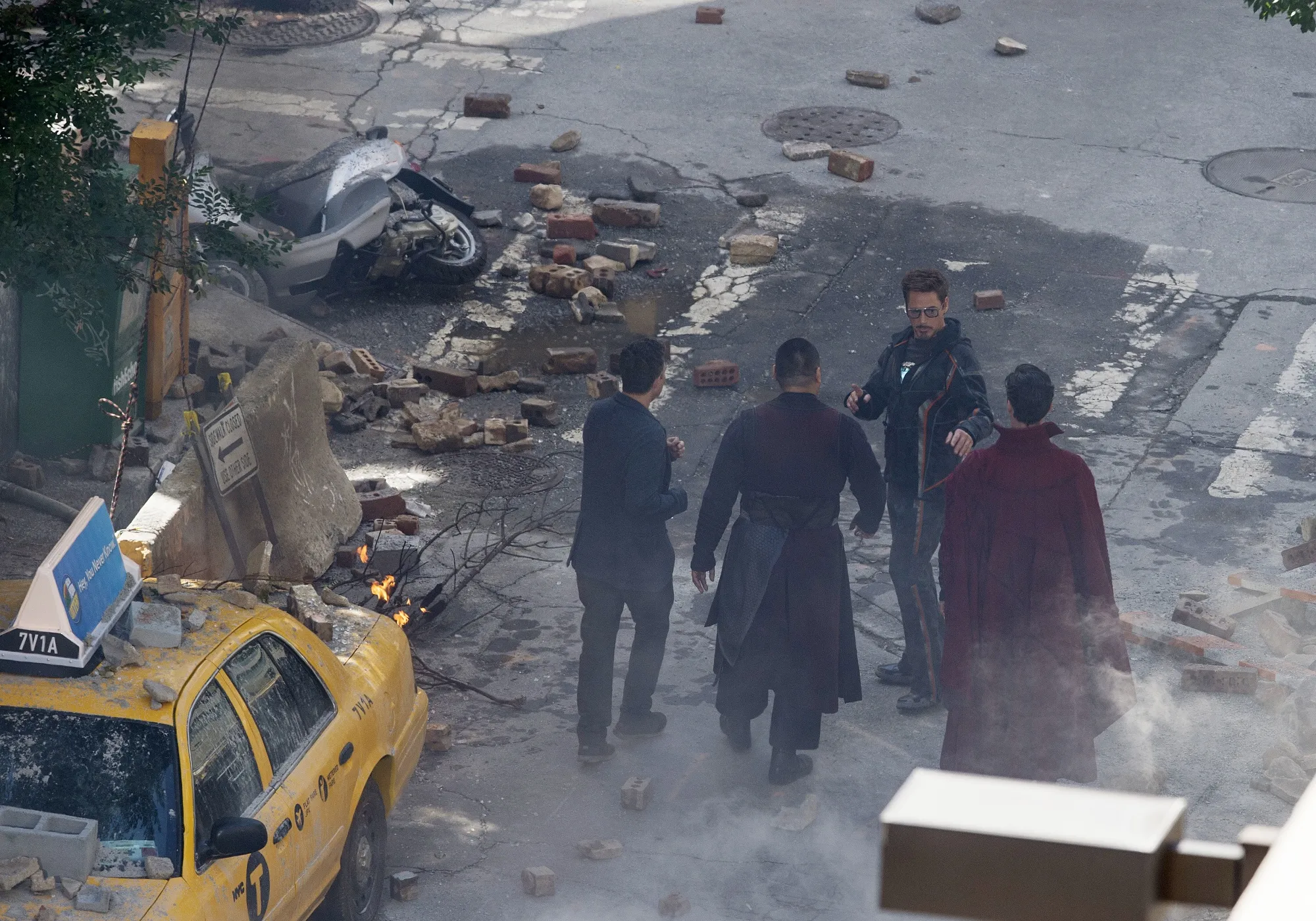 Cast members, from left, Mark Ruffalo, Benedict Wong, Robert Downey Jr. and Benedict Cumberbatch, appear on location in Atlanta during the filming of "Avengers: Infinity Wars" on June 26, 2017. (AP Photo/Mike Stewart, File)