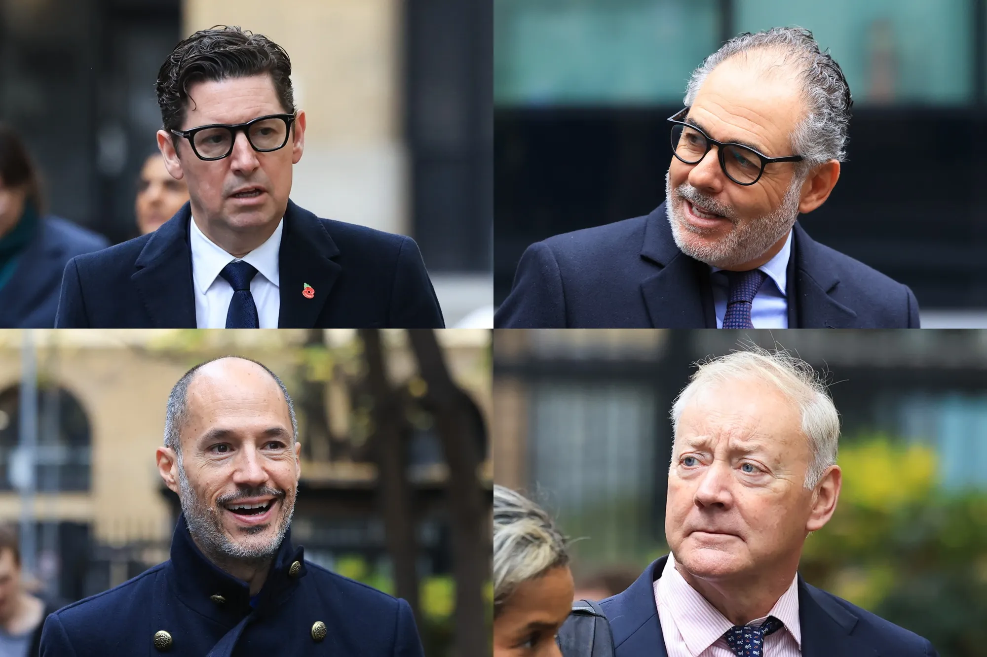Paul Hopkirk, David Perez, Martin Wakefield, and Ramon Labiaga, clockwise from top left, arrive at court in London, on Nov. 10.