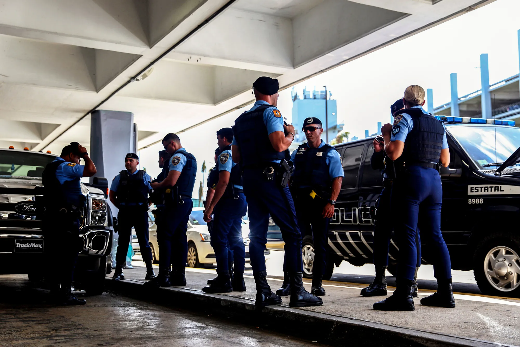 Police officers stand guard at Luis Munoz Marin International Airport (SJU) during the visit of U.S. President Donald Trump in Carolina, Puerto Rico, on&nbsp;Oct. 3.&nbsp;