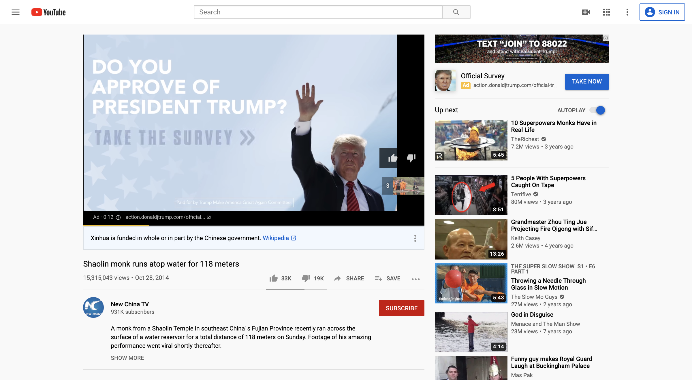 concerne les annonces de campagne de Trump diffusées sur la chaîne YouTube des médias d'État chinois