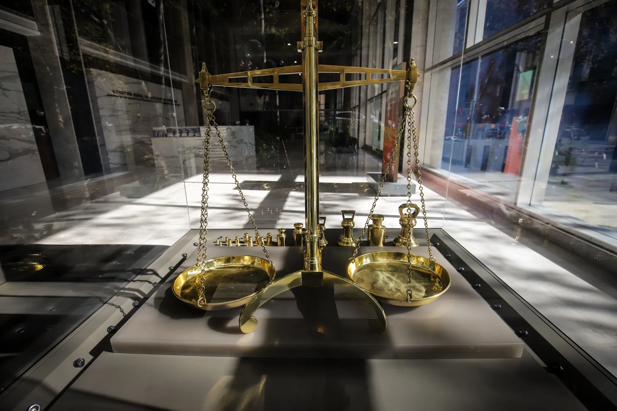 Gold scales displayed in the foyer of the Reserve Bank of Australia (RBA) building.&nbsp;