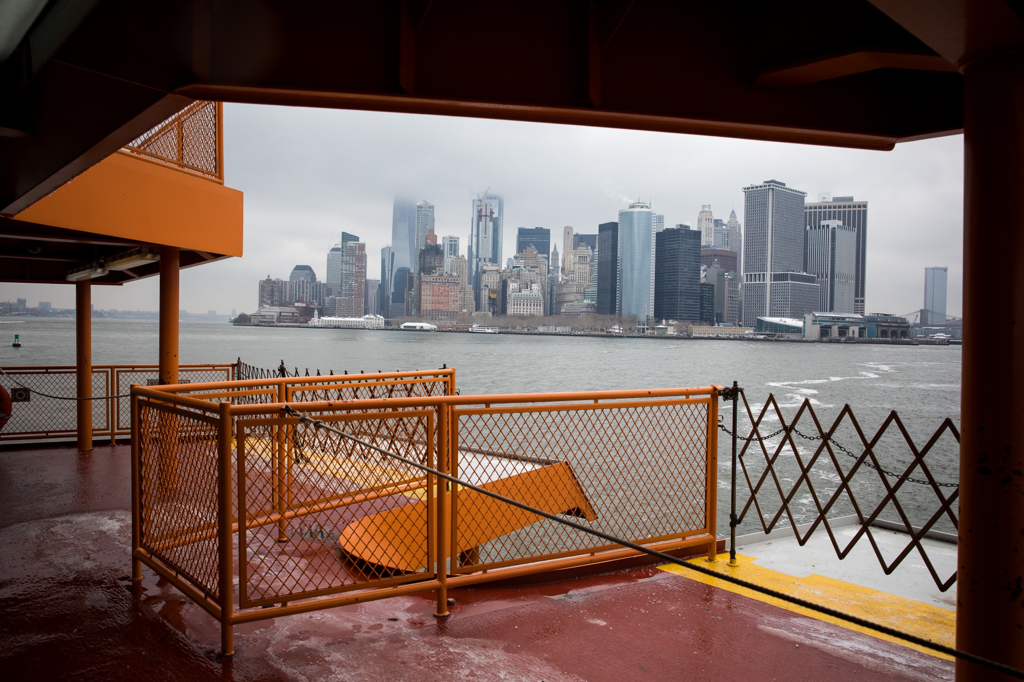 The Staten Island Ferry approaches Lower Manhattan in New York.