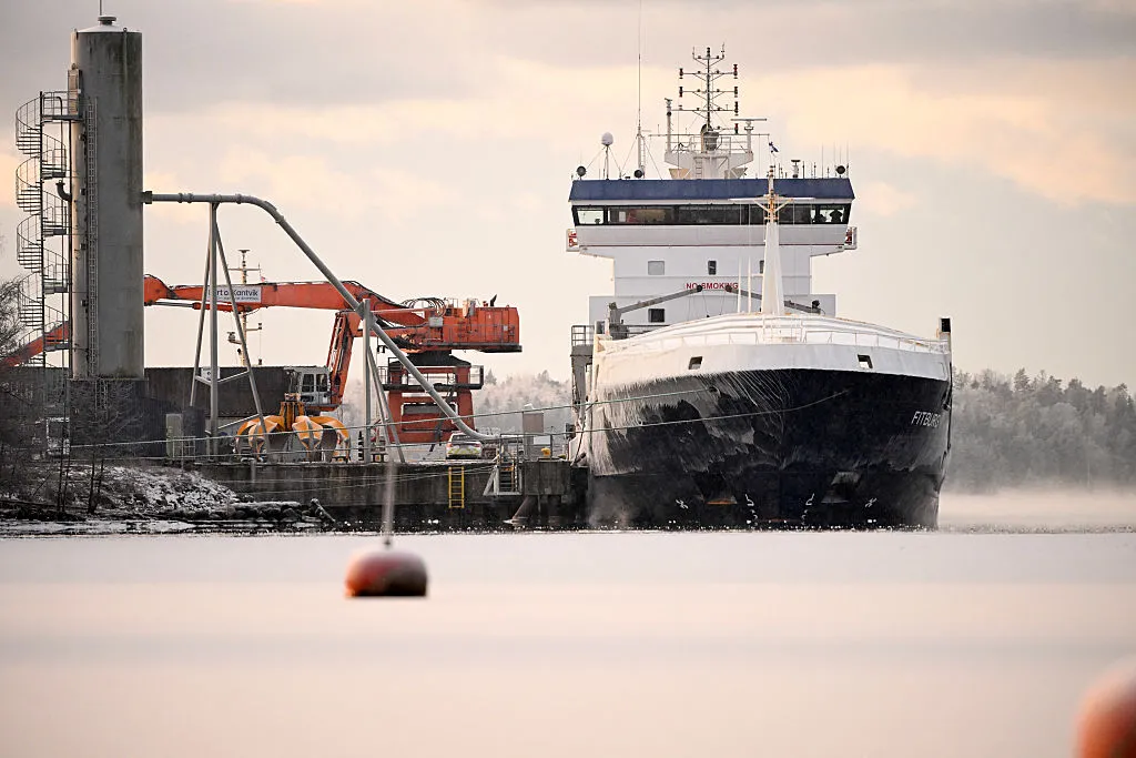 The seized vessel Fitburg&nbsp;moored at the harbour in Kirkkonummi, Finland.