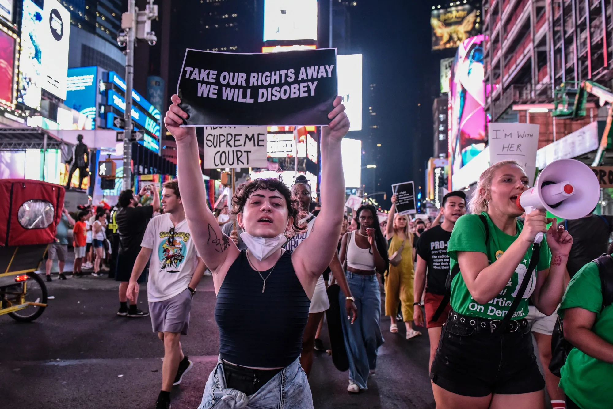 Abortion rights demonstrators in Times Square during a protest in New York, on&nbsp;June 24.&nbsp;
