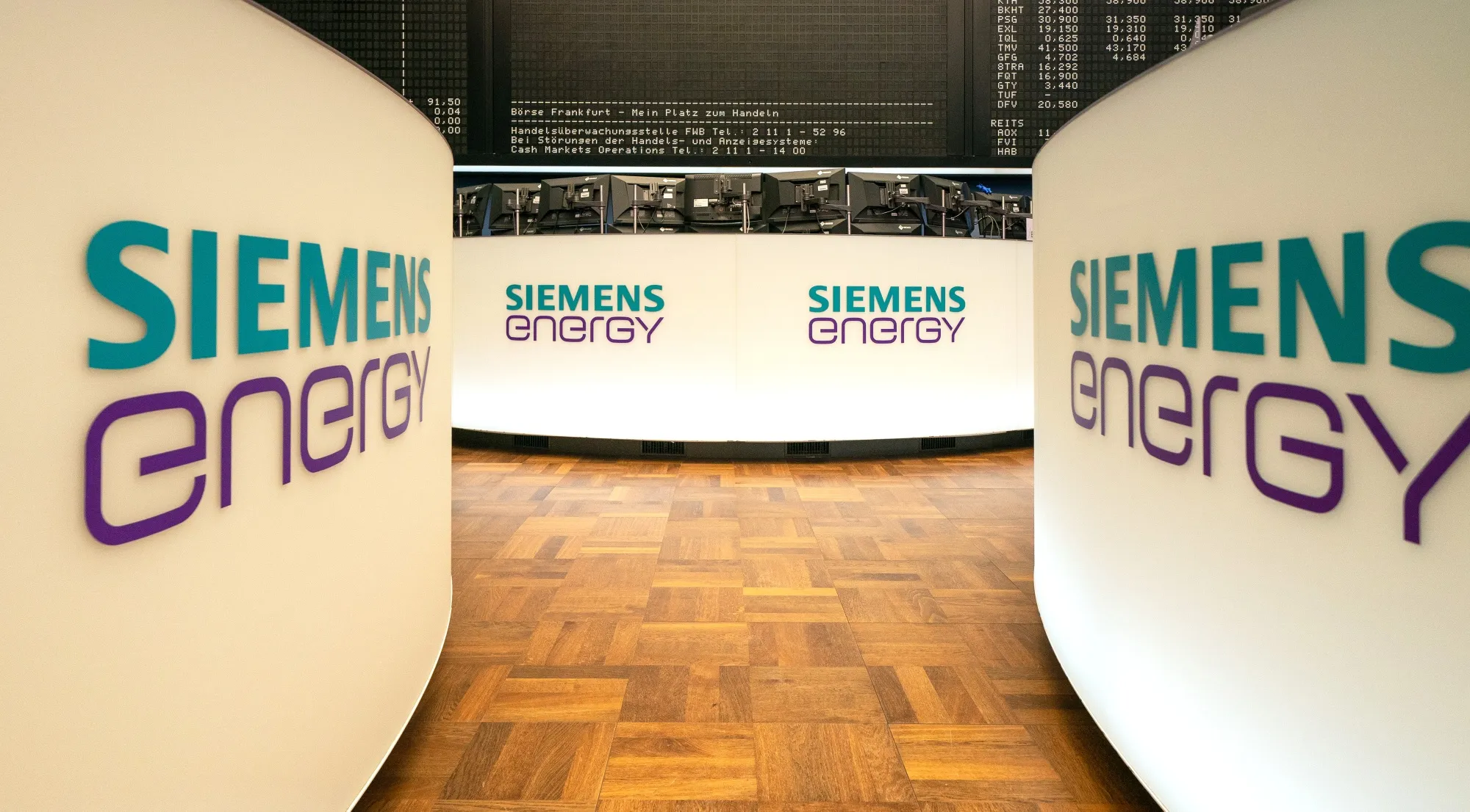 Siemens Energy signage&nbsp;on trading booths at the Frankfurt Stock Exchange.