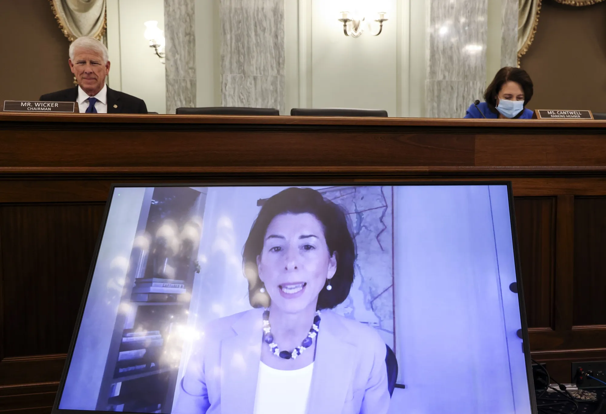 Gina Raimondo speaks via videoconference during a Senate Commerce confirmation hearing on Jan. 26.