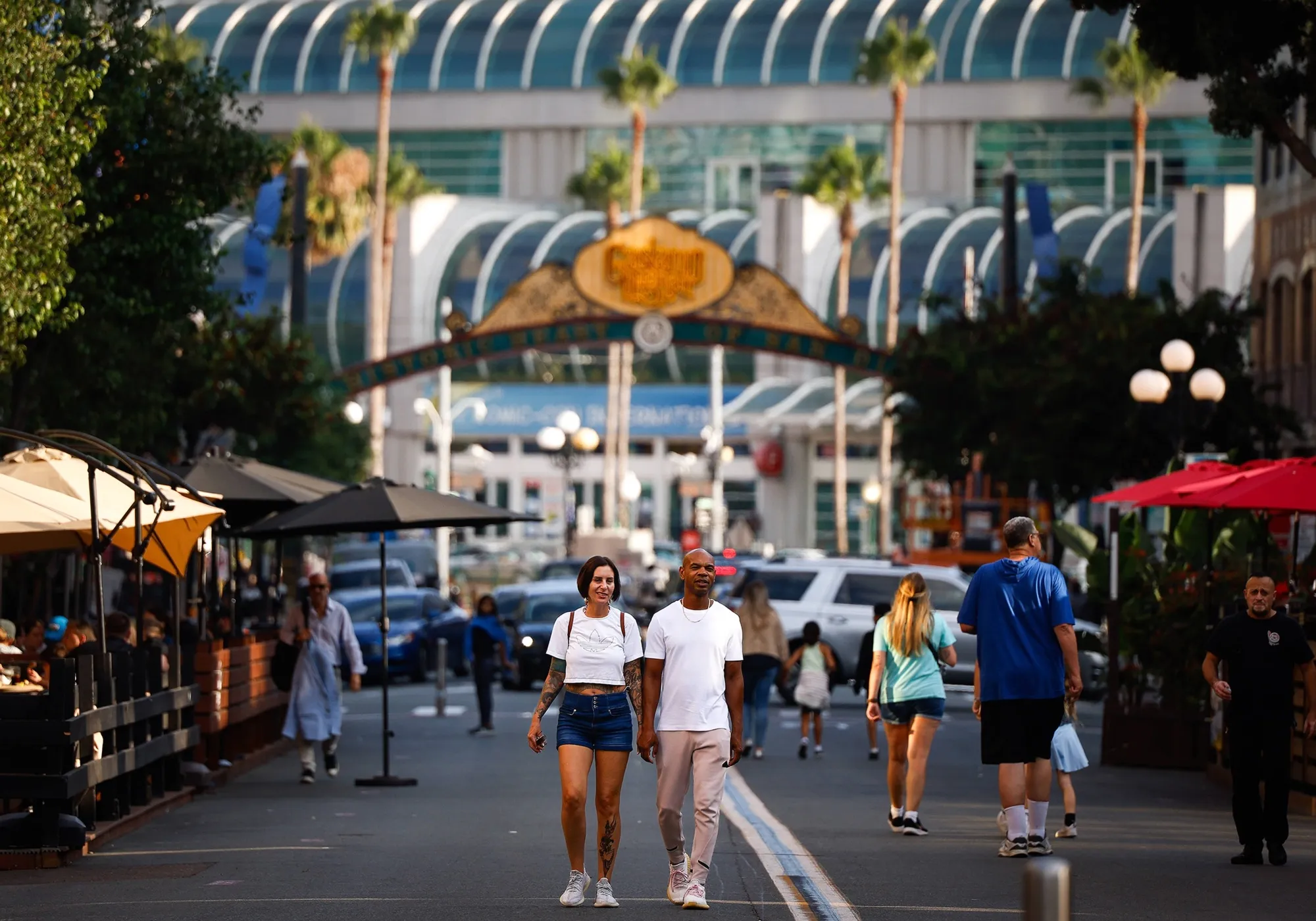 Fifth Avenue in downtown San Diego is closed to car traffic every afternoon and evening as a “slow street,” making it an urban corridor for pedestrians to enjoy the historic architecture of the Gaslamp District.