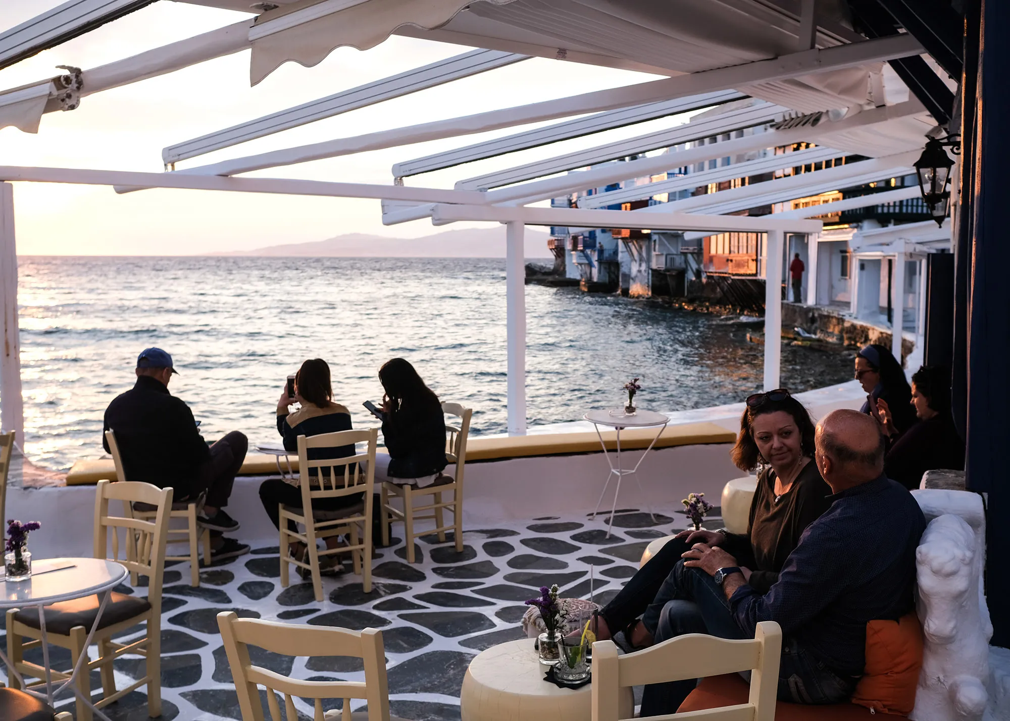 A bar in the Little Venice neighborhood in Mykonos, Greece.