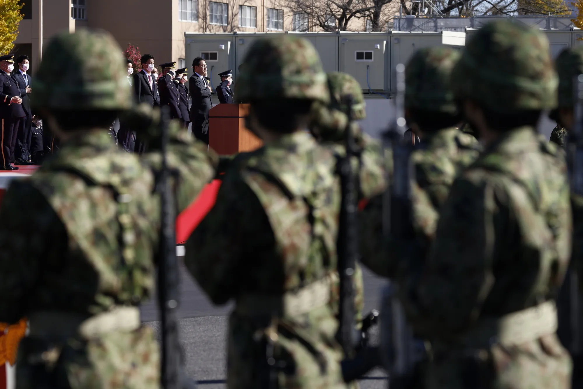 Prime Minister Fumio Kishida&nbsp;reviewing&nbsp;troops of the Japan Self Defense Forces, November 2021.
